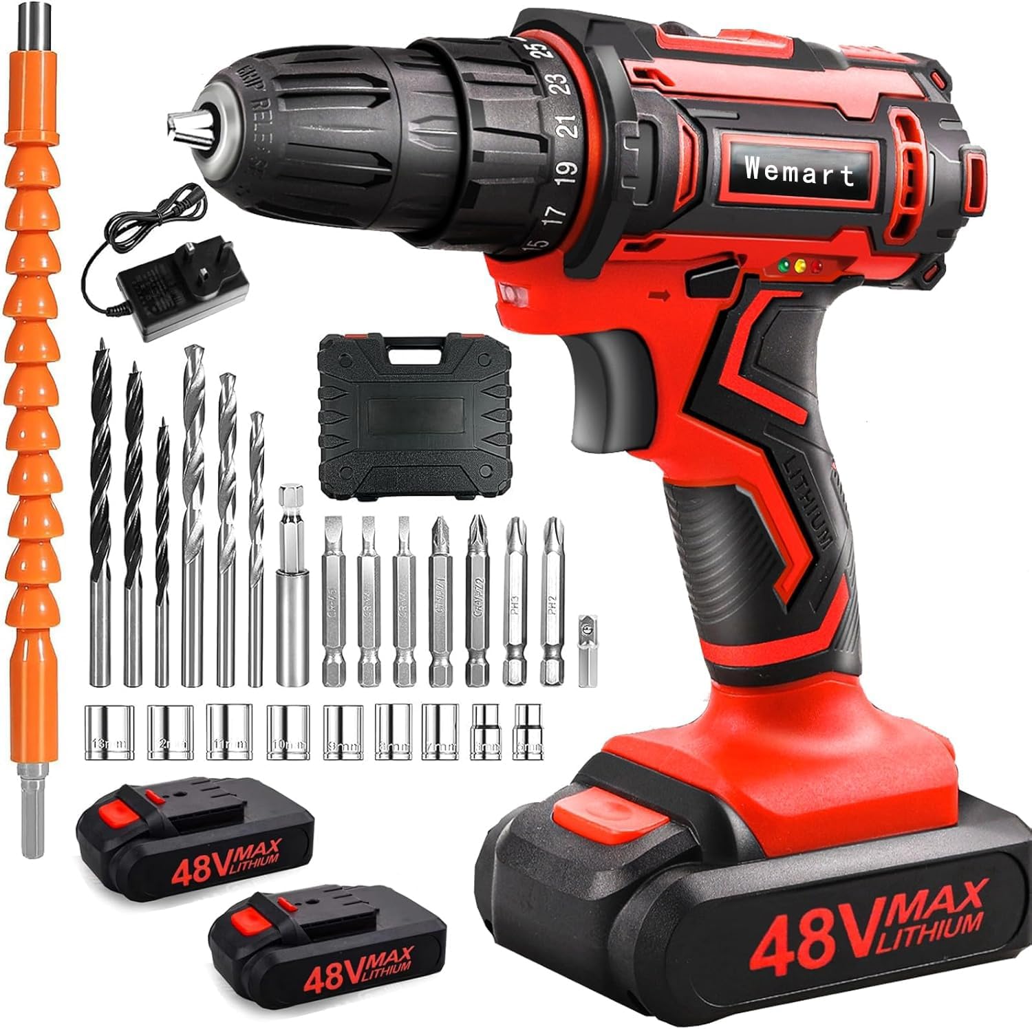 Wemart 48V Cordless Drill Set, Electric Drill, Max 40 N/m, 25 + 1 Stage Torque Adjustment, Speed Adjustment Function, Forward and Reverse Switching, LED Light, 2 Batteries Included (red)