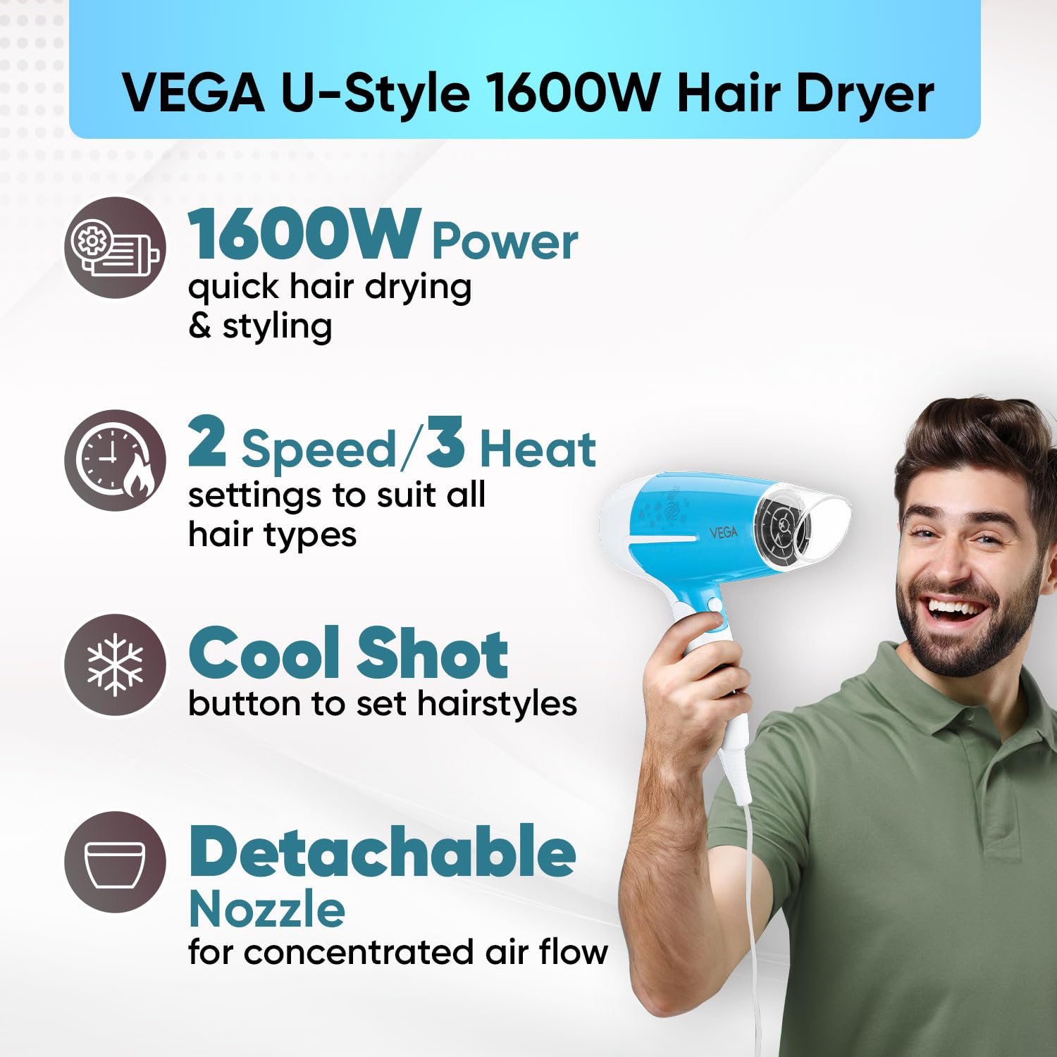 VEGA U Style 1400-1600W Foldable Hair Dryer for Women & Men with Cool Shot Button, 2 Speed/3 Heat Settings, 16 Amp Plug Detachable Nozzle, Travel Friendly, Fast Hair Drying, 2 Year Warranty (VHDH-32)