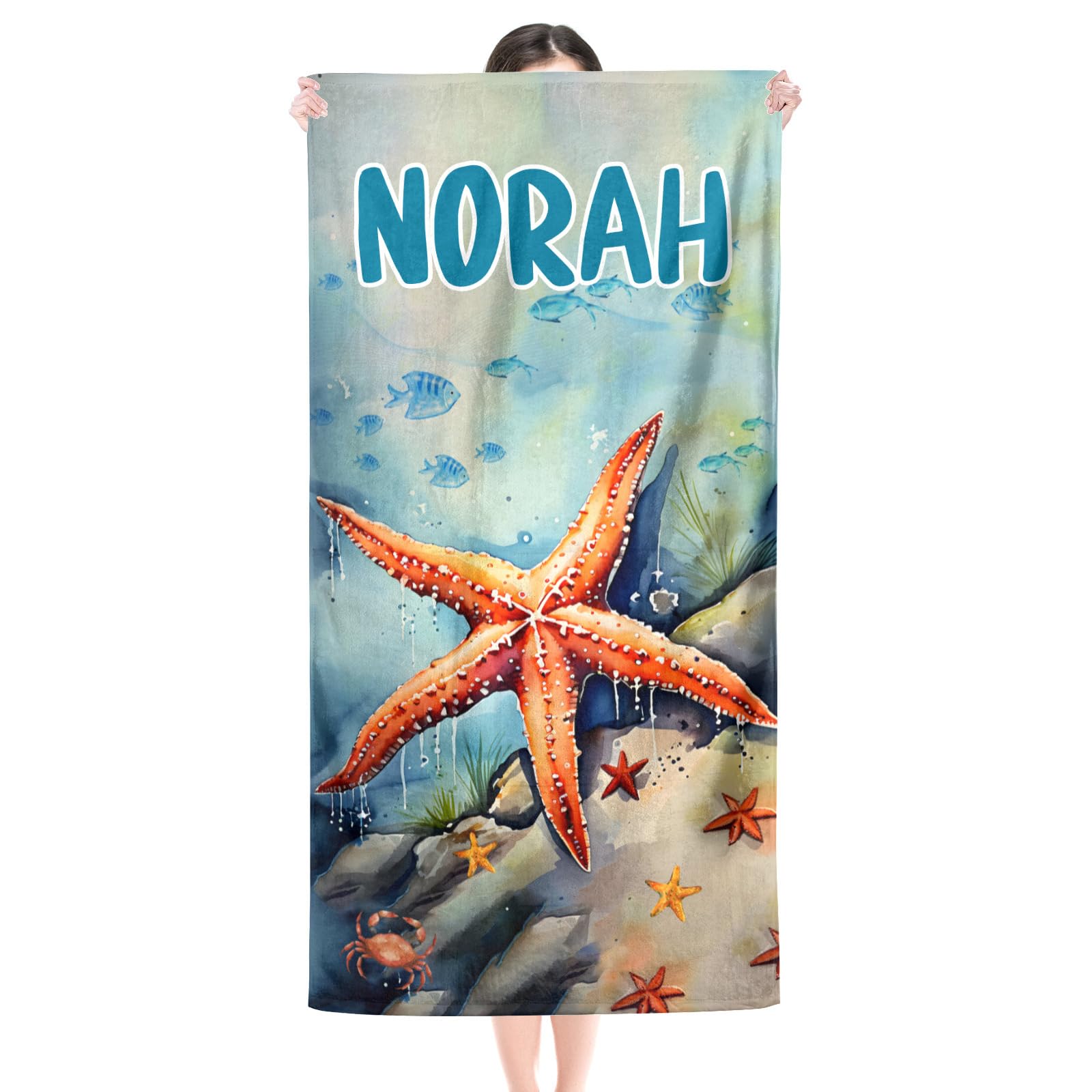 XMSPEAE Personalized Custom Beach Towel - 60"x30" Pool Swim Travel Large Soft Lightweight Customized Text Name Towels for Kids Watercolor Starfish