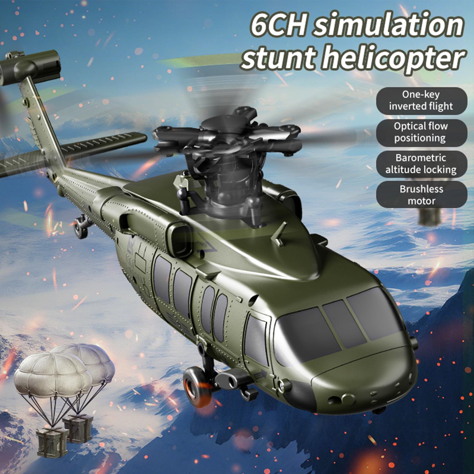 Hylukon Hubschrauber, 6 Kanal Stunt RC Helikopter Bürstenloser ohne Querruder mit One Click Rückwärtsflug, Druckhaltehöhe, Optischer Flusspositionierung, RC Helicopter (Grün)