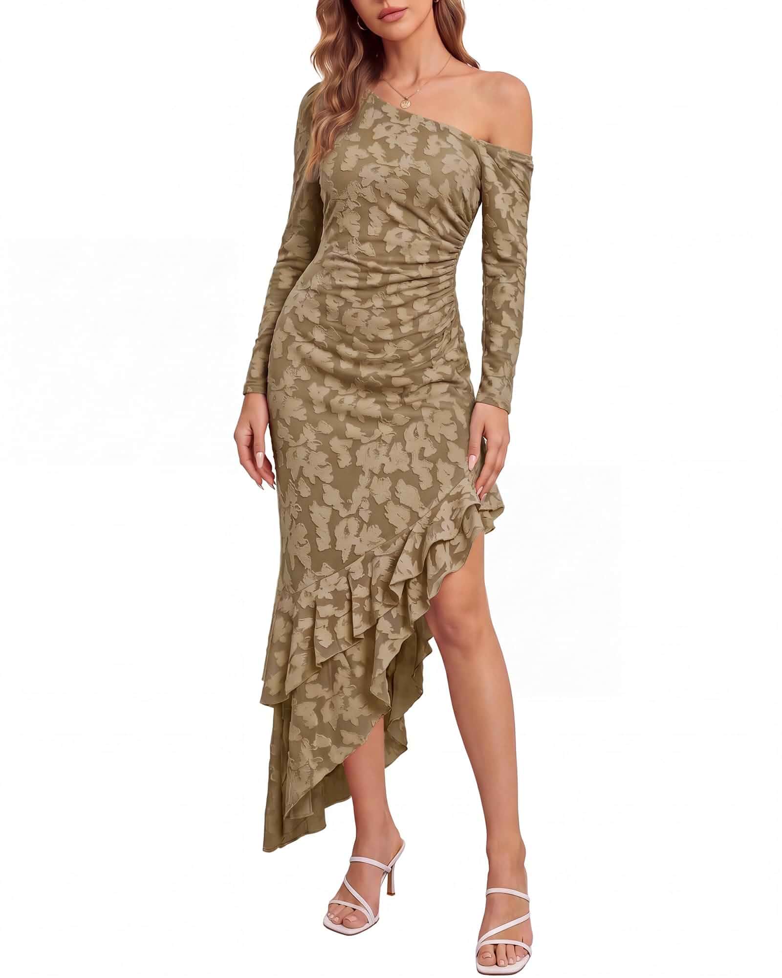 Women Long Sleeve Off Shoulder Floral Wedding Guest Maxi Dress High Slit,Stretchy Bodycon, Ruffle Hem,Cocktail Party Formal Dress,Winter,Elegant Evening Dinner Long Dresses
