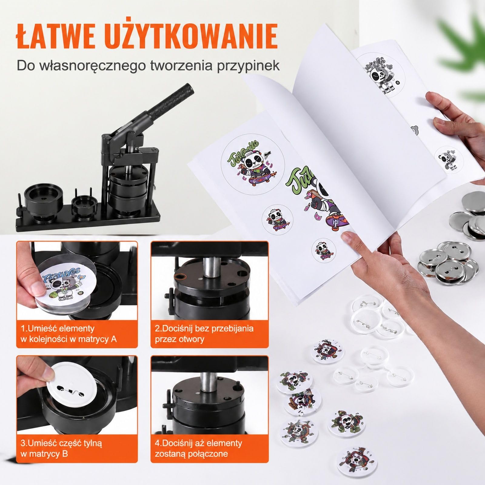 Prasa do przypinek 3 w 1 z plastikową obudową, czarno-pomarańczowa, matryce i akcesoria DIY