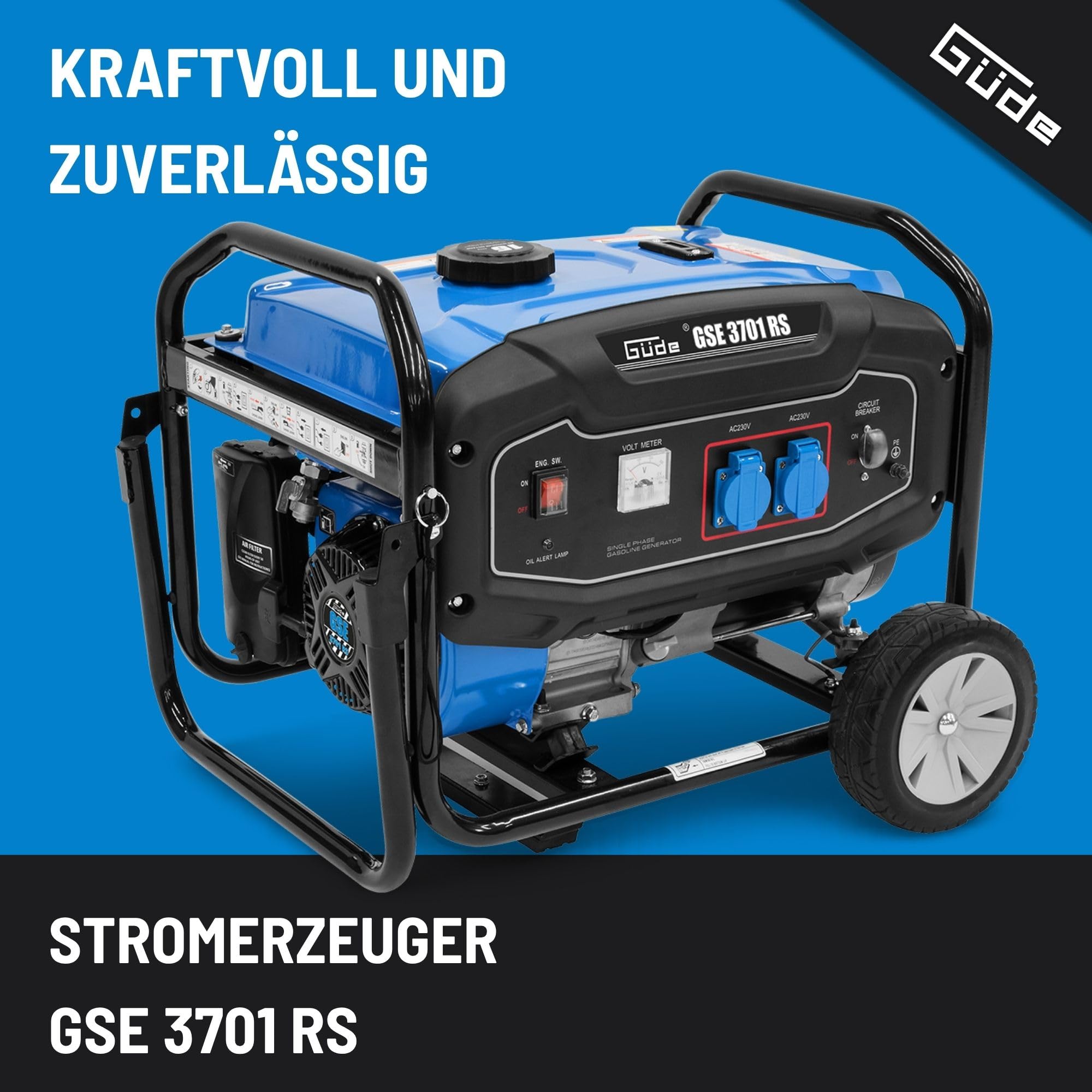 Güde Stromerzeuger GSE 3701 RS (4-Takt Motor, Benzin, 4/5,5 (kW/PS), 2x 230 V Steckdosen, max. 2800 W, Laufzeit bis 16 h, Tank 15 L, AVR, Überlastungsschutz, Fahrwerk, TÜV/GS, TEST GUT- SEHR GUT)