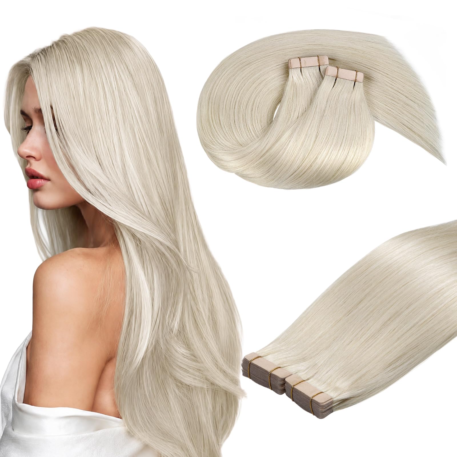 DOORES Tape Cheveux Humains in Hair Extension, Blond Platine 60cm 24 Pouce 100g 40pcs, Extensions Cheveux Adhésif Soie Droite Cheveux Extension Naturel