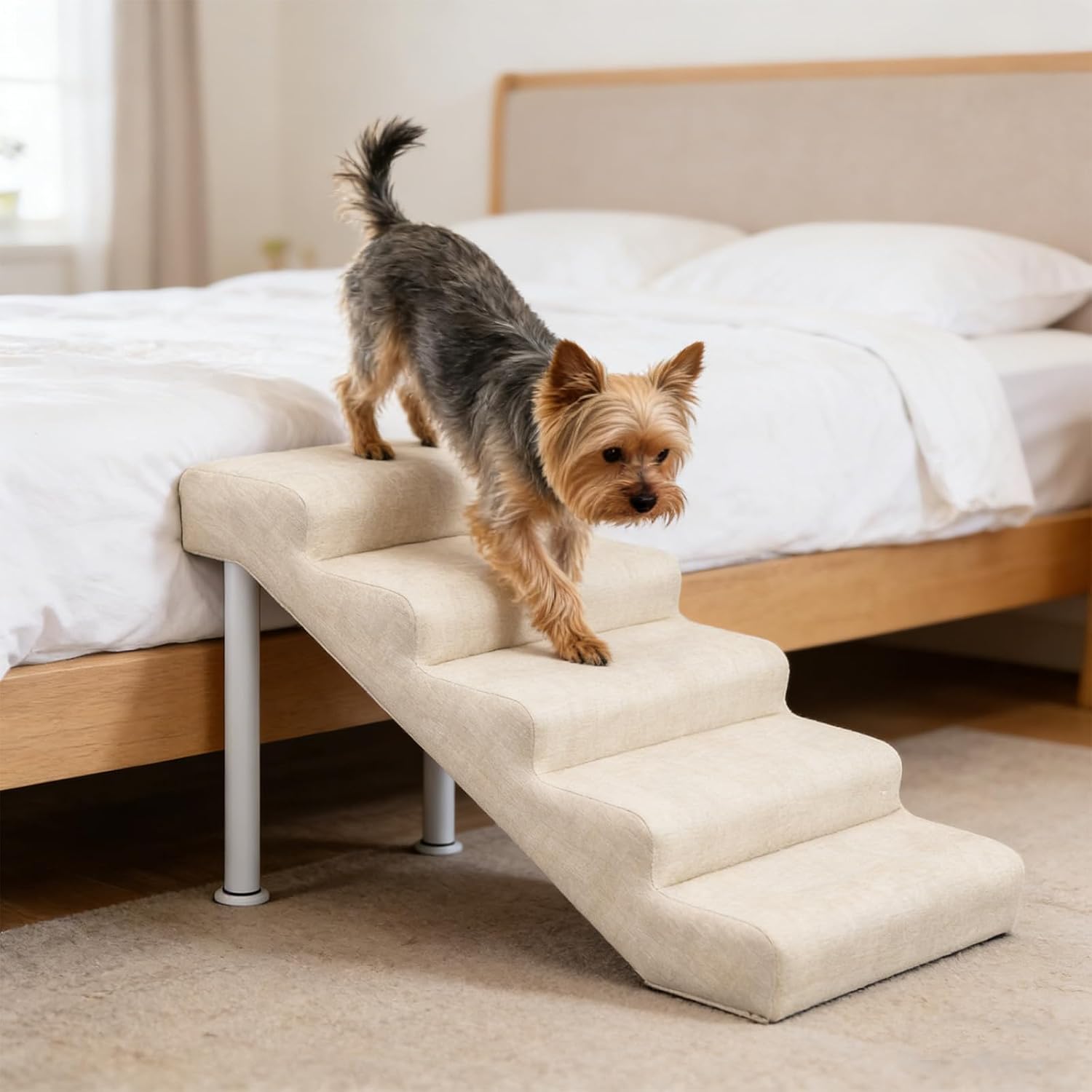Dog Stairs for Bed & Couch, 19.7" Extra Wide Dog Steps for High Bed, 5-Step Non-Slip Pet Stairs for Dogs, Adjustable Dog Steps up to 150 lbs, Linen Faux Leather, Height Adjustable from 18.5" to 21.7"