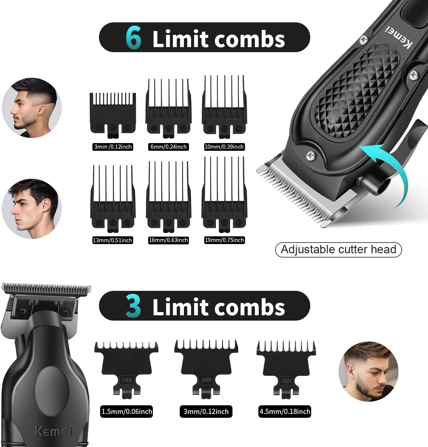 KEMEI Professional Hair Clippers for Men, Cordless Barber Clipper T-Blade Beard Trimmer Foil Shaver Set, Rechargeable Electric Fade Clipper Hair Cutting Kit, KM-1071, KM-PG2299, KM-2024