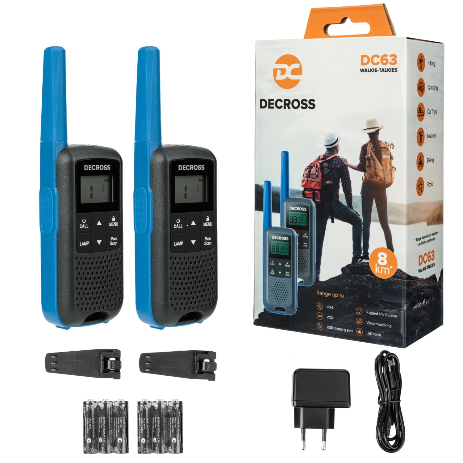 63 Walkie Talkie, 2Set Walki Talki bis zu 8 km, PMR446 16 Kanäle, VOX, Taschenlampe, IPX4, EIN schönes Geschenk, Wanderungen, Camping, Akku (Blau)