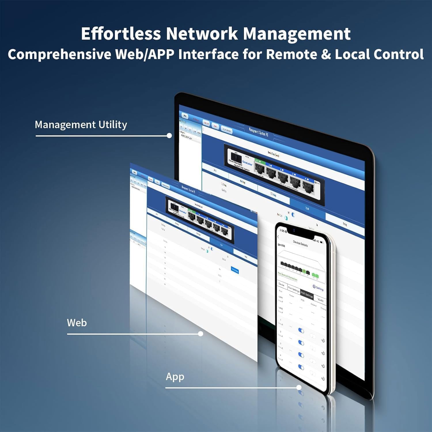 Goalake Easy Smart Managed PoE Switch 5 Port Gigabit and SFP Slot, with 4 Gigabit Port PoE+@52W, Fanless&Metal Design, Plug & Play, VLAN Mode, Overload Protection