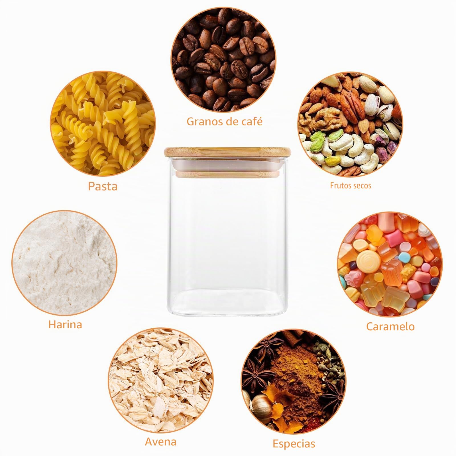 YAYODS 8 tarros de cristal rectangulares con etiquetas, 0,5 L, herméticos, pequeños, con tapa de madera, para granos de café, espaguetis, harina, azúcar (sin BPA)