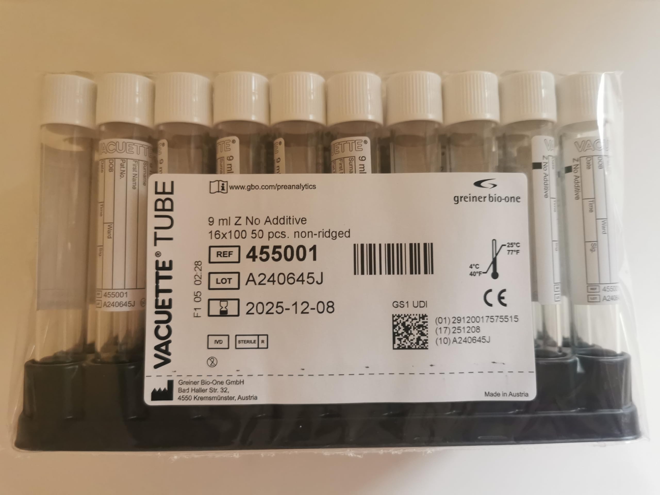 455001A Vacuette 9 mL tubes neutres sans anticoagulant ni activateur (Pack de 50)