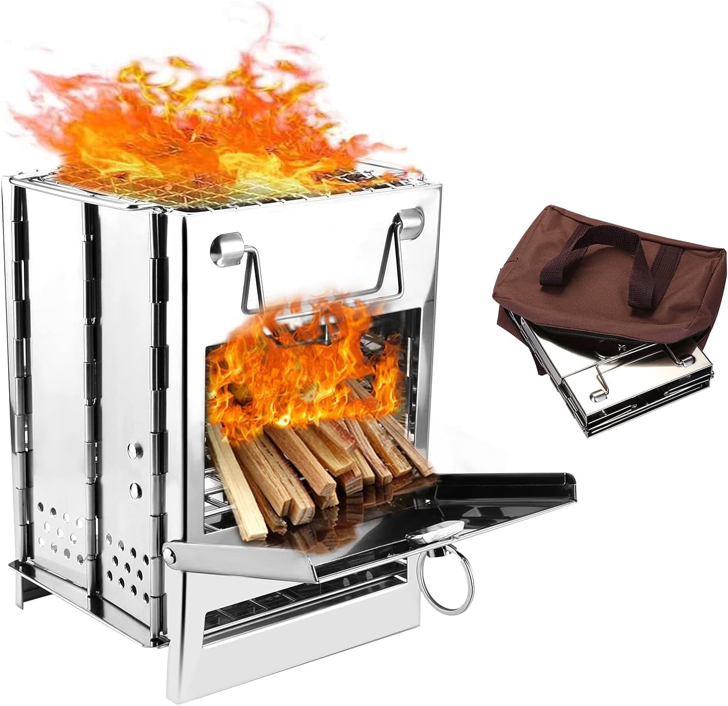 Istara Folding Wood Burning Camping Stove, Stainless Steel Portable Wood Stove Backpacking with Grill and Carry Bag for Outdoor Camping Hiking Cooking Picnic BBQ, Large with Cross-stand (BIG)
