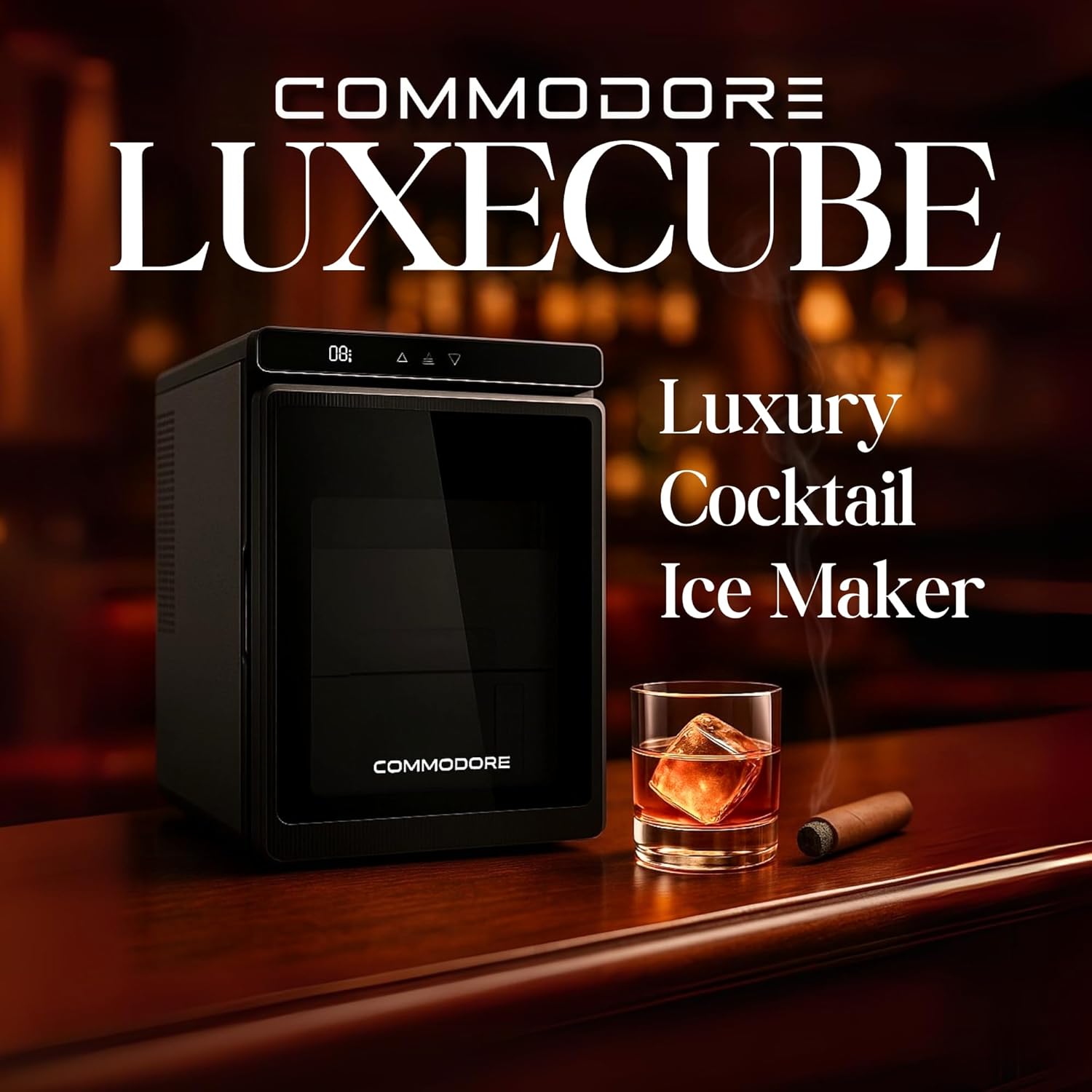 COMMODORE LUXECUBE Luxury Ice Maker – 115V AC Large Cocktail Ice Machine, Produces 9 Crystal Clear 1.5" Ice Cubes per Hour, Stores 18 Cubes, Built-in Quiet Operation, Self-Cleaning, ETL Listed