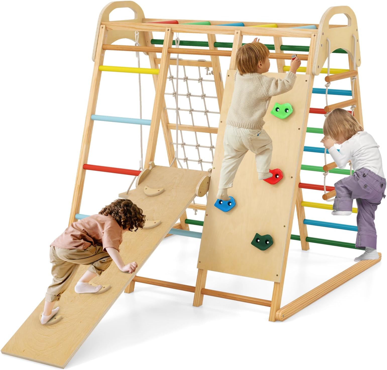 INFANS Indoor Jungle Gym, 8 in 1 Kids Montessori Indoor Playground Climbing Playset for Toddlers with Slide Swing Net Monkey Bars Rope Ladder, Wood Climber Toys for Boys Girls