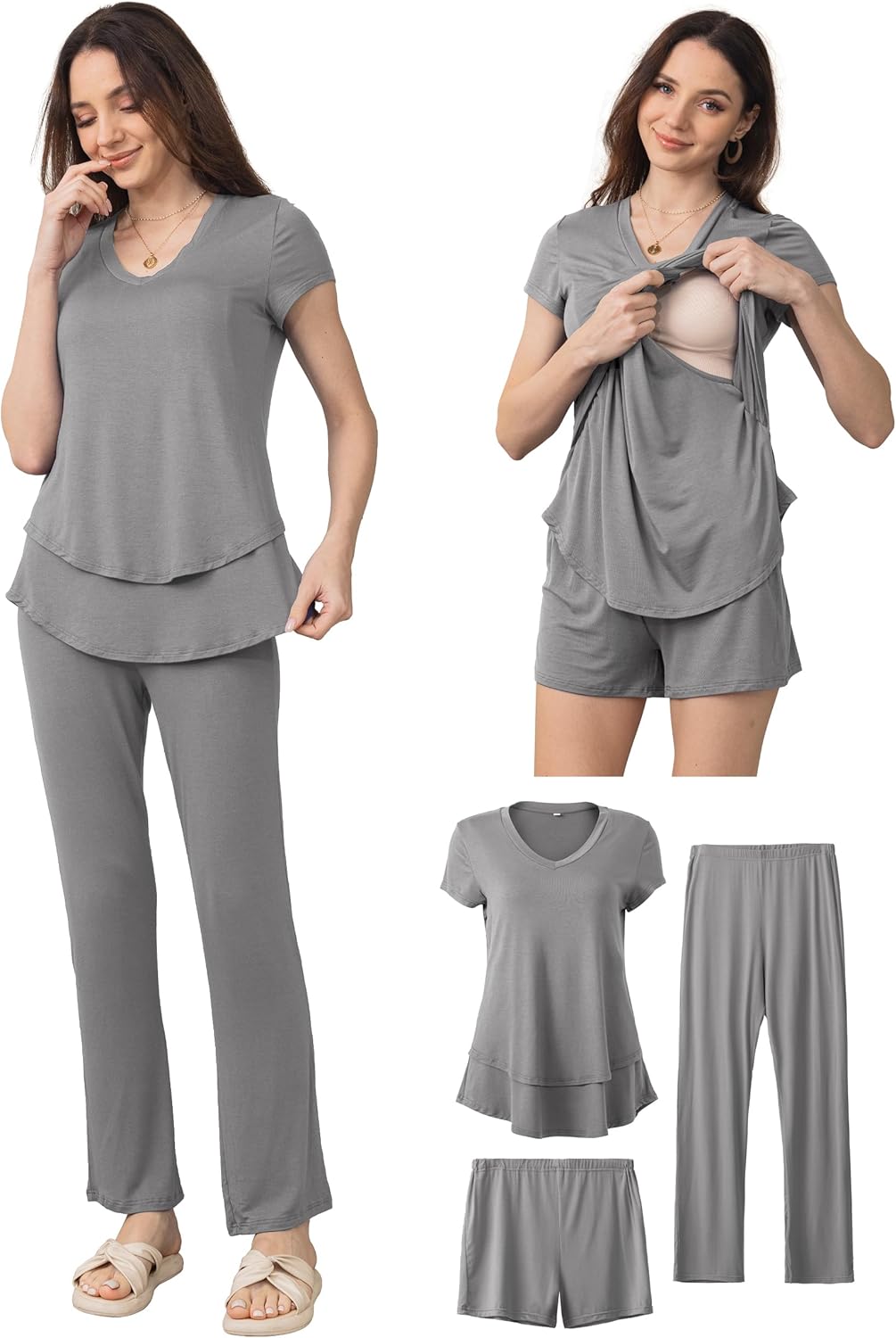 SUNNYBUY 3 PCS Maternity Breastfeeding Pajamas Set, Hidden Nursing Tops, Adjustable Pregnancy Shorts & Pants Postpartum PJS