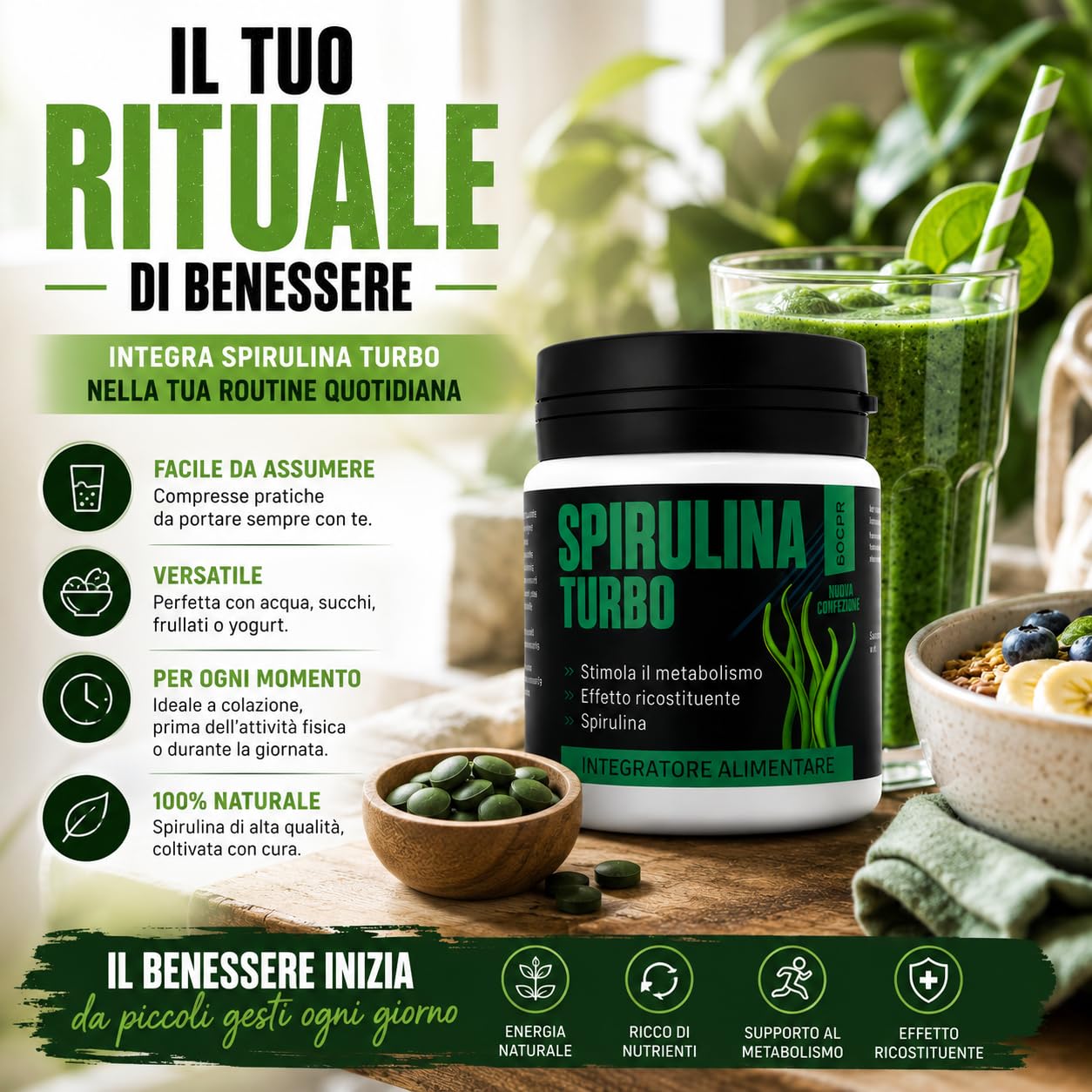 Spirulina Turbo Integratore Alimentare con Spirulina 240 Capsule | Con spirulina ad alto contenuto proteico, supporta il senso di sazietà e il benessere quotidiano.