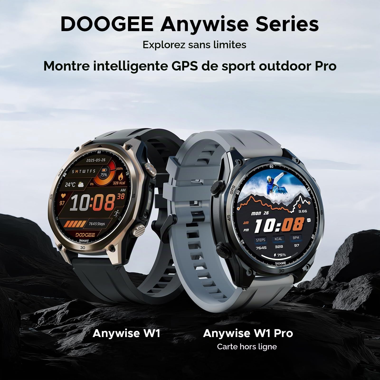 Anywise W1 Pro Montre Connectée Homme, Dual-Band GPS&Cartes Hors Ligne, 5 ATM, 12 Jours Autonomie, 1.43" AMOLED HD, 170+ Modes Sport, Bluetooth Appel, Compatible Android/iOS, 3 Bracelets
