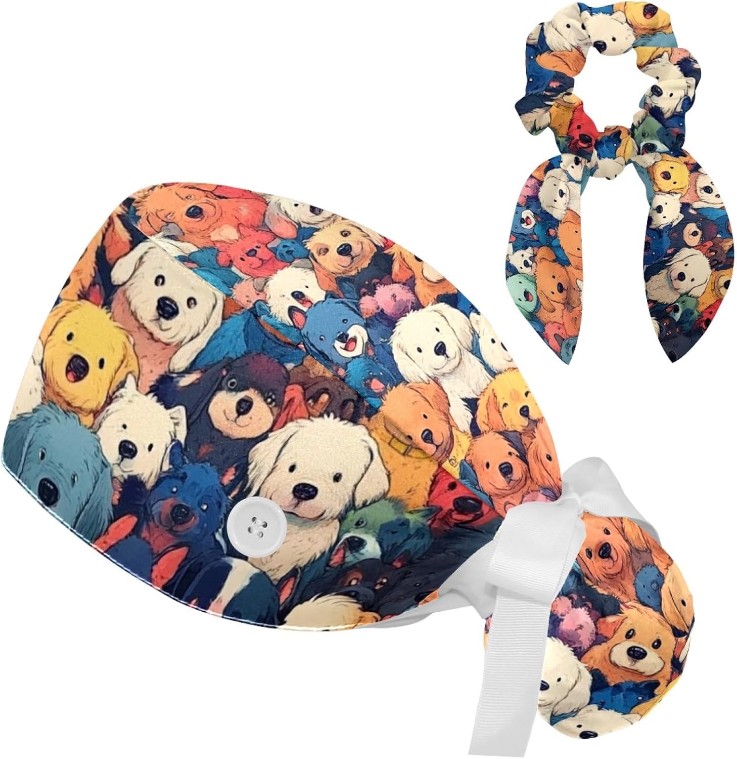 Scrub Caps with Buttons,Surgical Caps for Women | Adjustable Working Cap, with Sweatband, with Ponytail Pouch, with Bow Hair Scrunchy