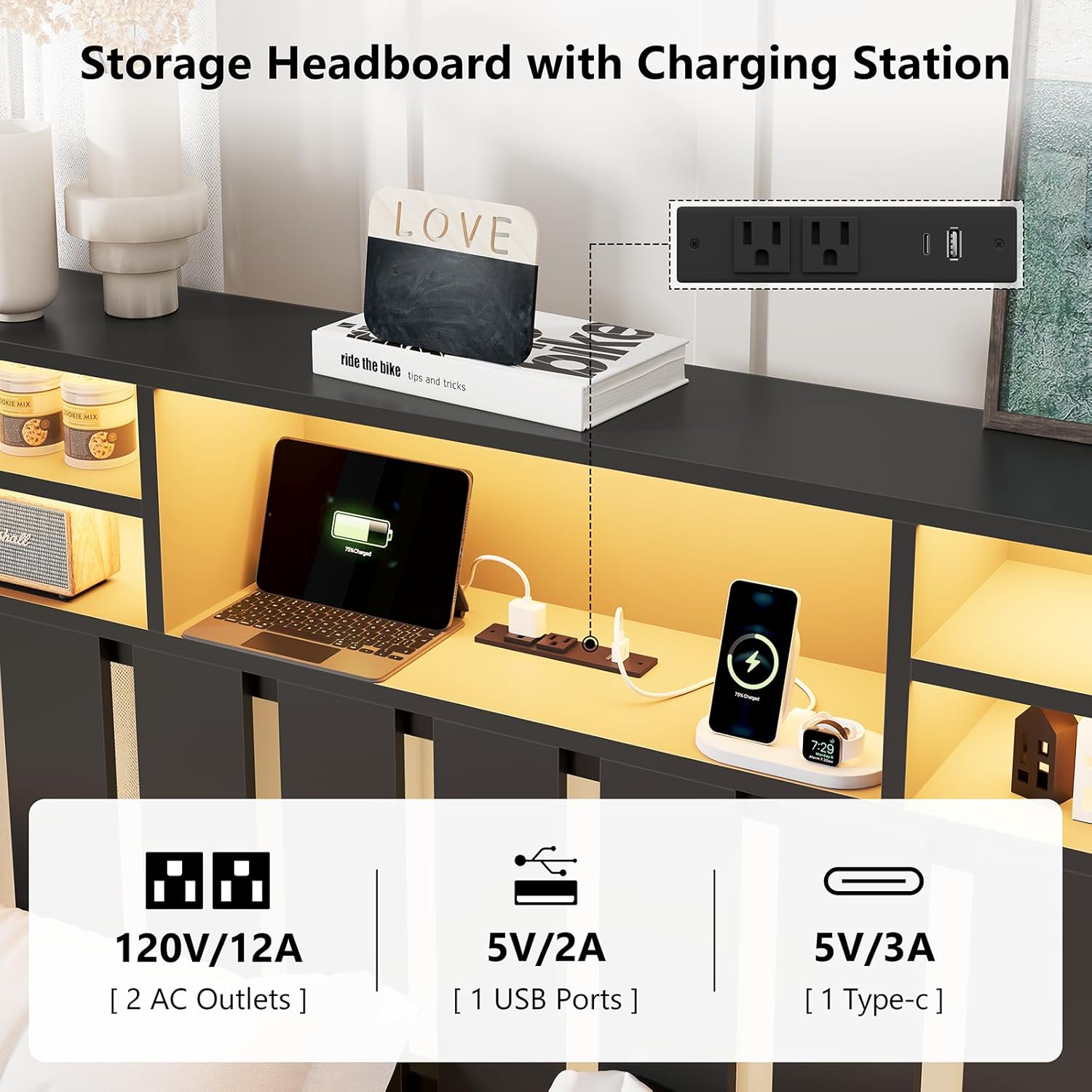 Full Bed Frame with 2 Storage Drawers and Charging Station, Bed Frame Full Size with LED Lights & Storage Headboard, Black LED Metal Platform Bed with Under Bed Storage, No Box Spring Needed - Image 4