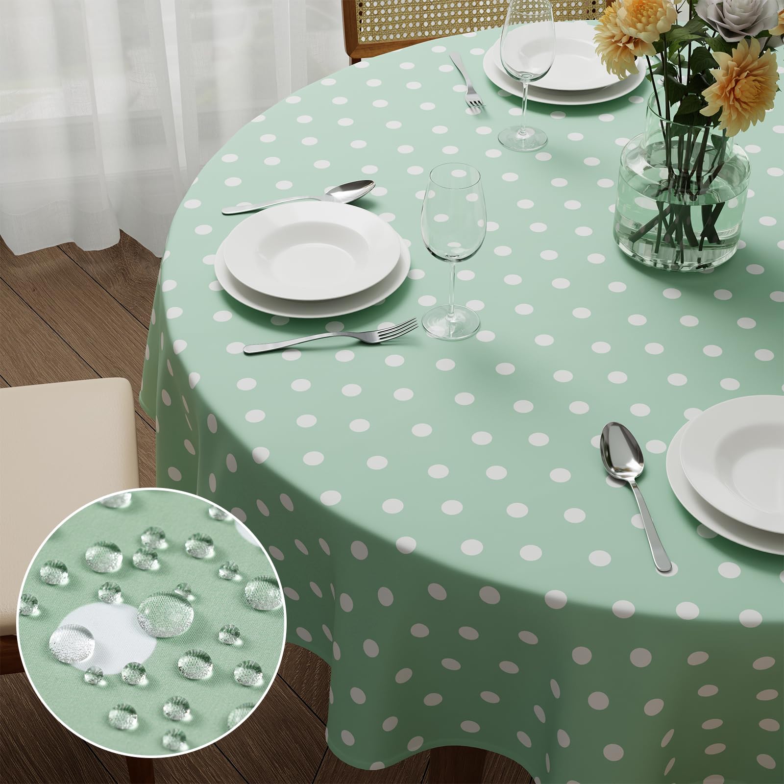 Kmhesvi Round Wipe Clean Tablecloth Table Cover 140 cm 55.1 inch Wipeable Water Resistant Polyester Tablecloth, Polka Dot Green White