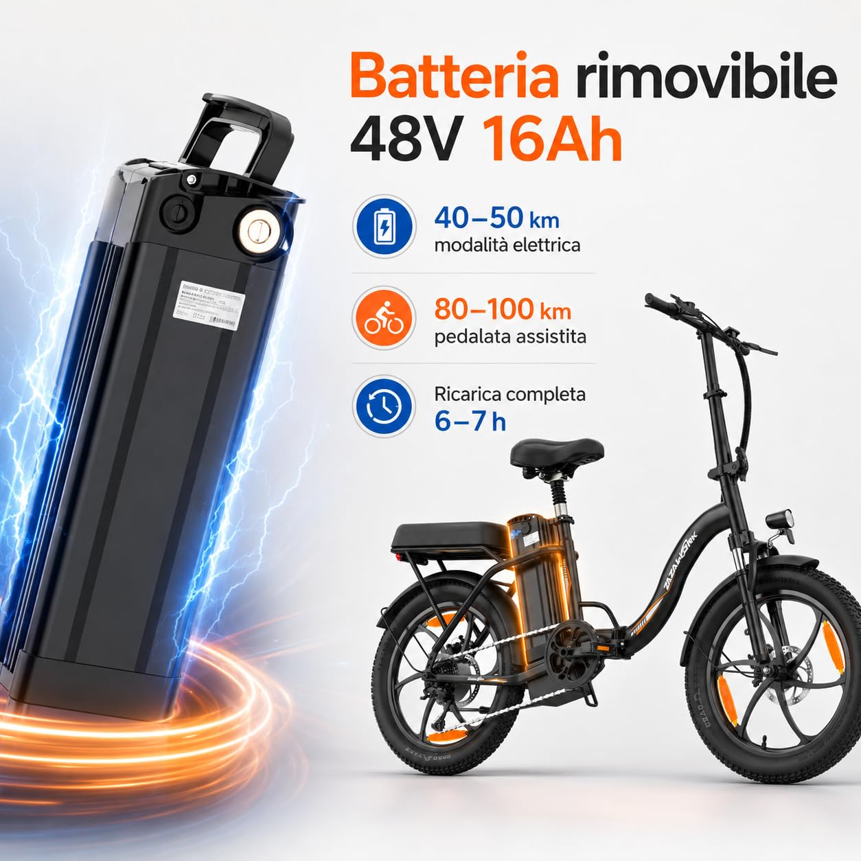 Bicicletta Elettrica Pieghevole 20x3.0, Motore 250W Coppia 47NM, Batteria 48V 16Ah, Velocità Max 25km/h, Autonomia 50-100KM, 7 Marce, Ammortizzatore a Molla e Freni a Disco Meccanici Urbana