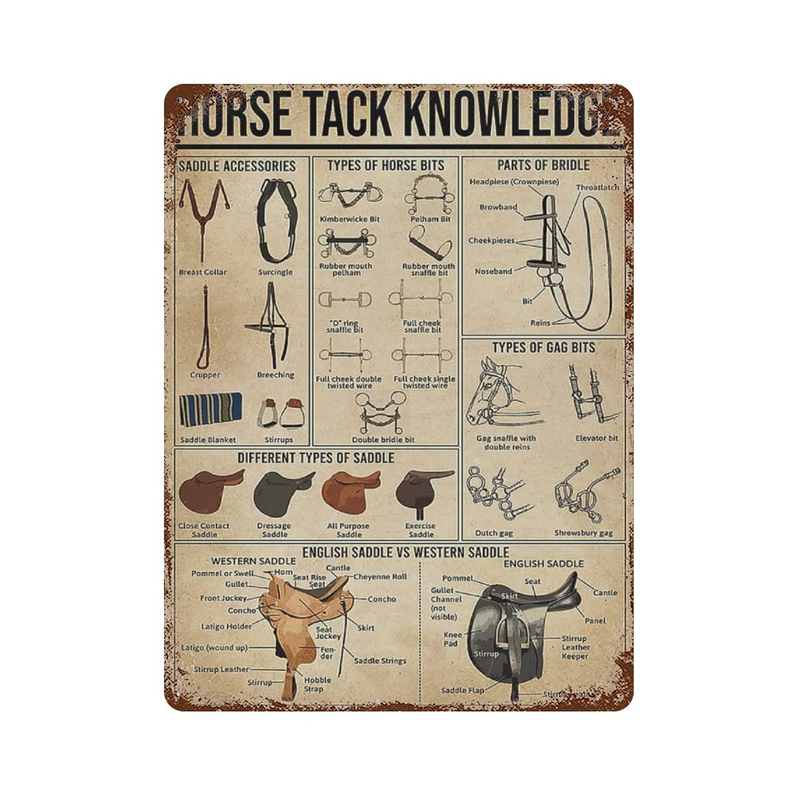 Lsjuee Retro Sign 2 Horse Tack Knowledge Retro Retro Metal Iron Painting Tin Sign Wall Decor Poster Aluminum Plaque For Cafe Bar Pub Home Beer Decoration 15.7"X11.8"