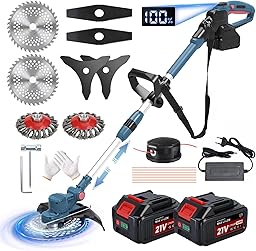 Desbrozadora Bateria 21V, Desbrozadora Electrica con 2 x 4.0Ah Baterías, Cortacesped Electrico 5 En 1 Cortabordes Bateria con Cepillo de Malas Hierbas, Motor sin Escobillas, Pantalla LED, Azul