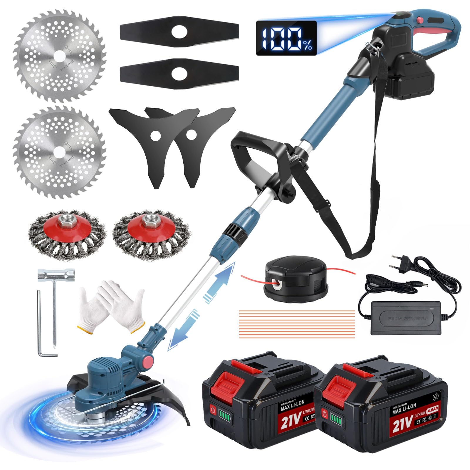 Desbrozadora Bateria 21V, Desbrozadora Electrica con 2 x 4.0Ah Baterías, Cortacesped Electrico 5 En 1 Cortabordes Bateria con Cepillo de Malas Hierbas, Motor sin Escobillas, Pantalla LED, Azul