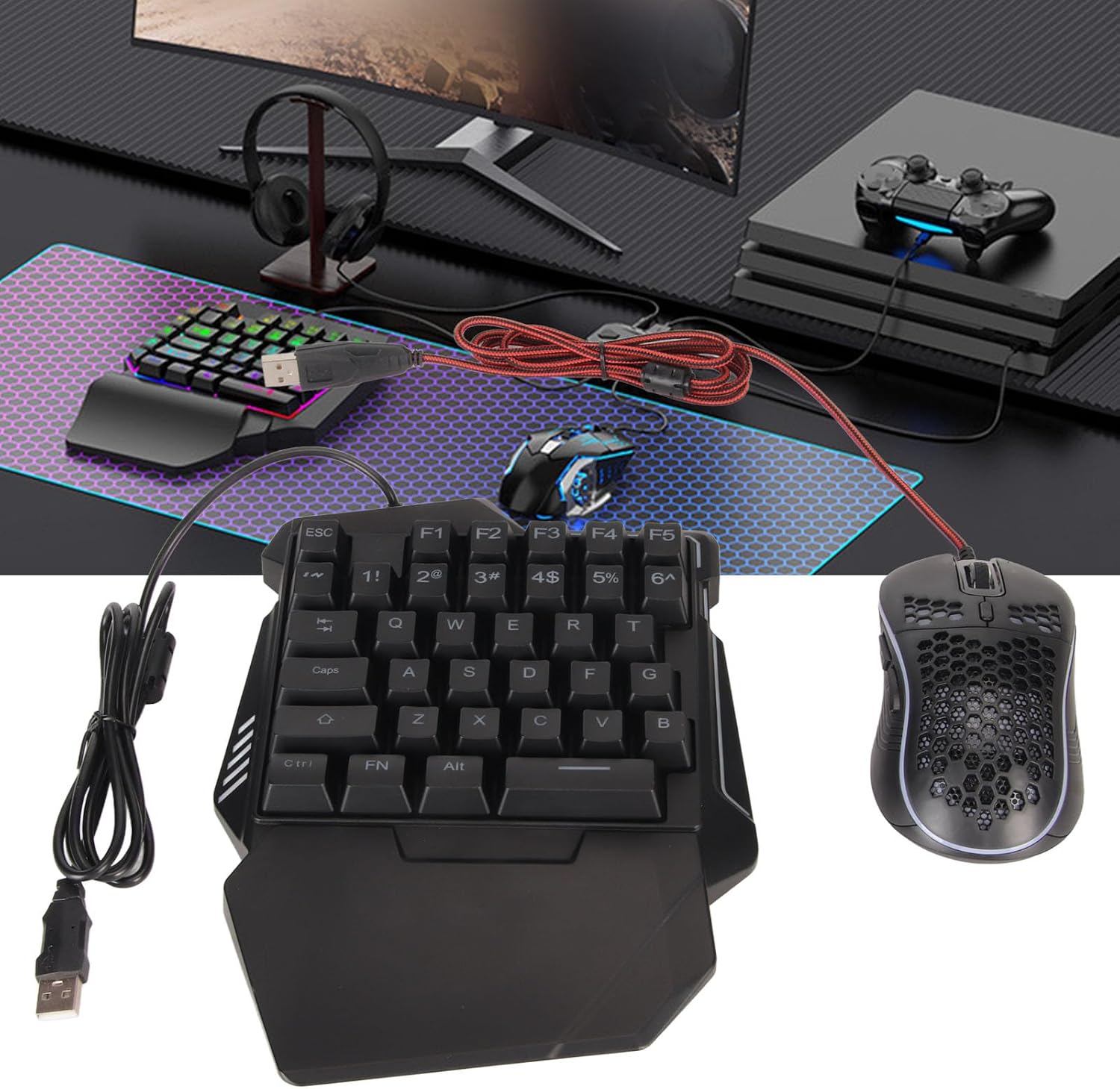 Diydeg One Handed RGB Gaming Keyboard and Combo for Master Pro for 4 for Half Hand Keyboard Converter Combo Wired Keypad Adapter Set, Mobile Game Converter