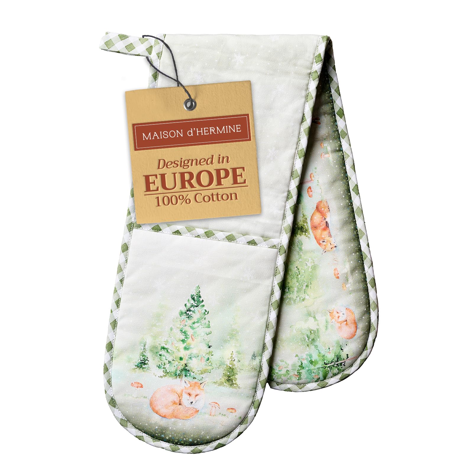 Maison D' Hermine 098 - Winter Mornings Double Oven Mitt (18 Cm X 89 Cm) 100% Cotton Heat Resistant Bbq Cooking Gloves With Loop For Christmas Decorations Baking Cooking Barbeque Handling Hot Pan (Winter Mornings)
