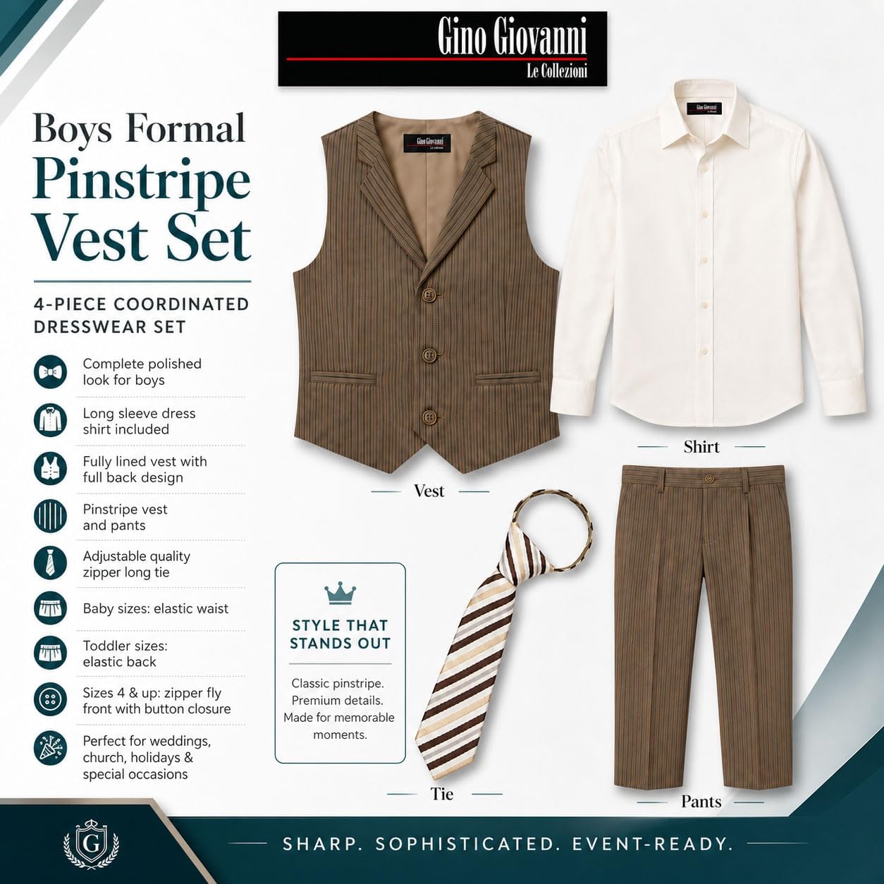 Gino Giovanni Boys 4-Piece Pinstripe Vest Set with Long Sleeve Dress Shirt, Pants and Zipper Tie, Fully Lined