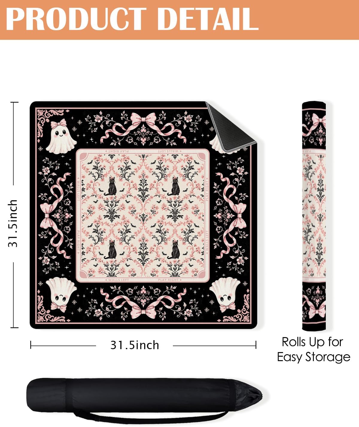 Halloween & Fall Mahjong Mat - Pink Ghost Cat, 31.5 x 31.5 in