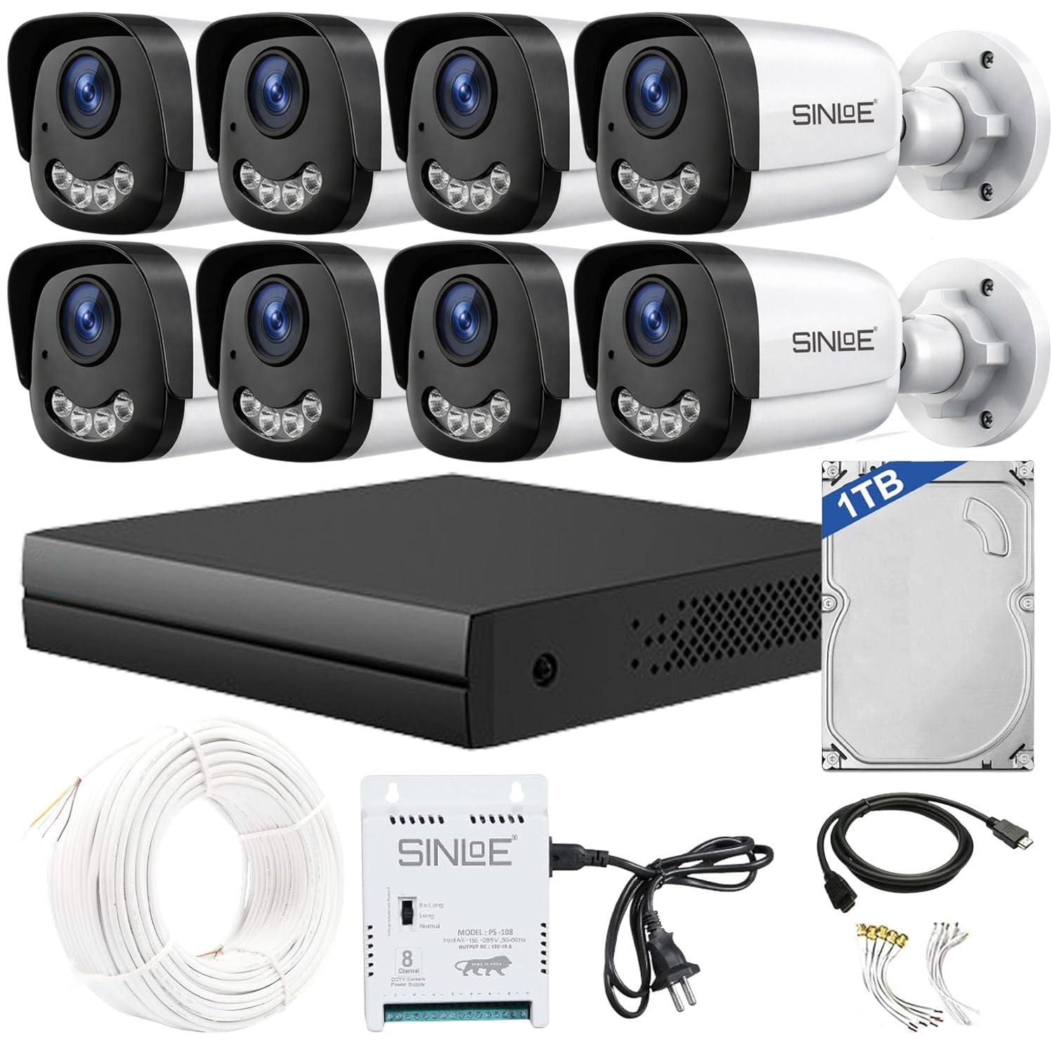SINLOE 8 Channel 1080P Full HD DVR 2MP Night Color Bullet 8 Pcs, 1 TB Hard Disk Full Combo Set