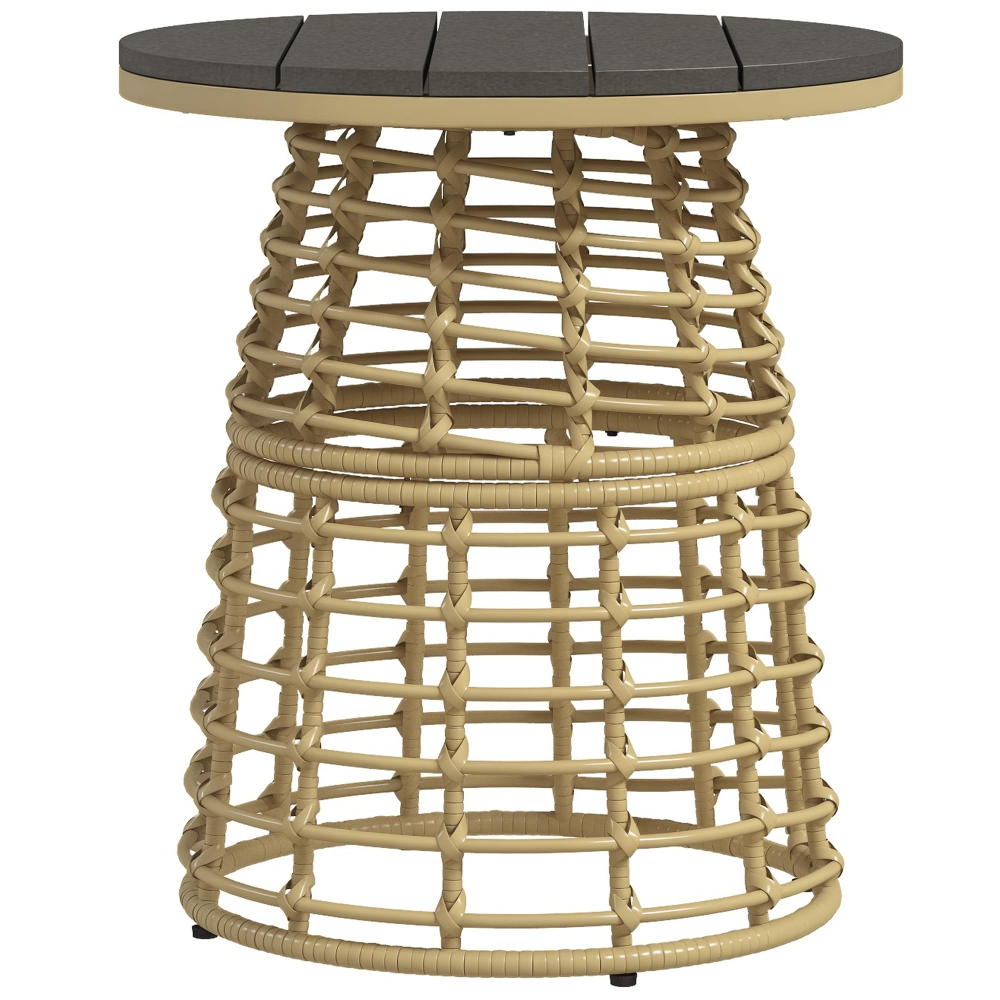 Outsunny Table Basse de Jardin Ronde Résine Rotin Métal Plateau Composite Ø 45 x 50 cm Naturel