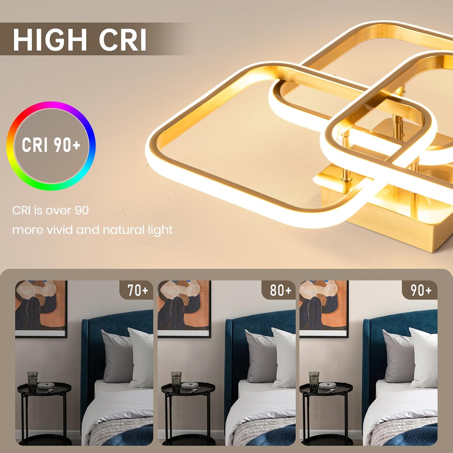 Modern Ceiling Light,Dimmable LED Ceiling Light Fixtures with Remote Control,Square Flush Mount Ceiling Lamp for Living Room Dining Room Bedroom Kitchen (Gold)