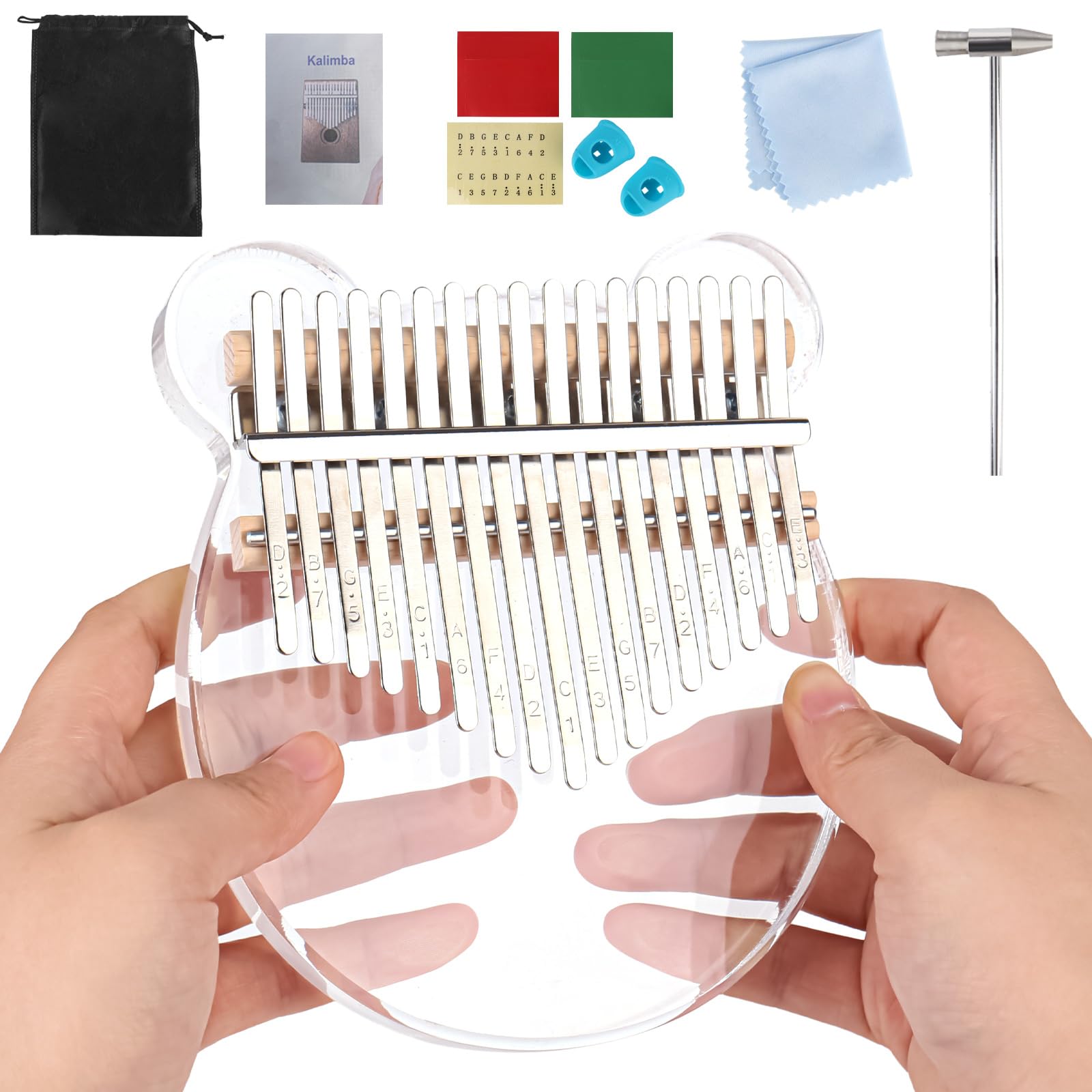Kalimba 17 chiavi, pianoforte per pollice in acrilico, strumento Kalimba, Mini Fingerpiano, Kalimba Thumb Piano con martello e Tune Study Booklet adesivo per bambini adulti