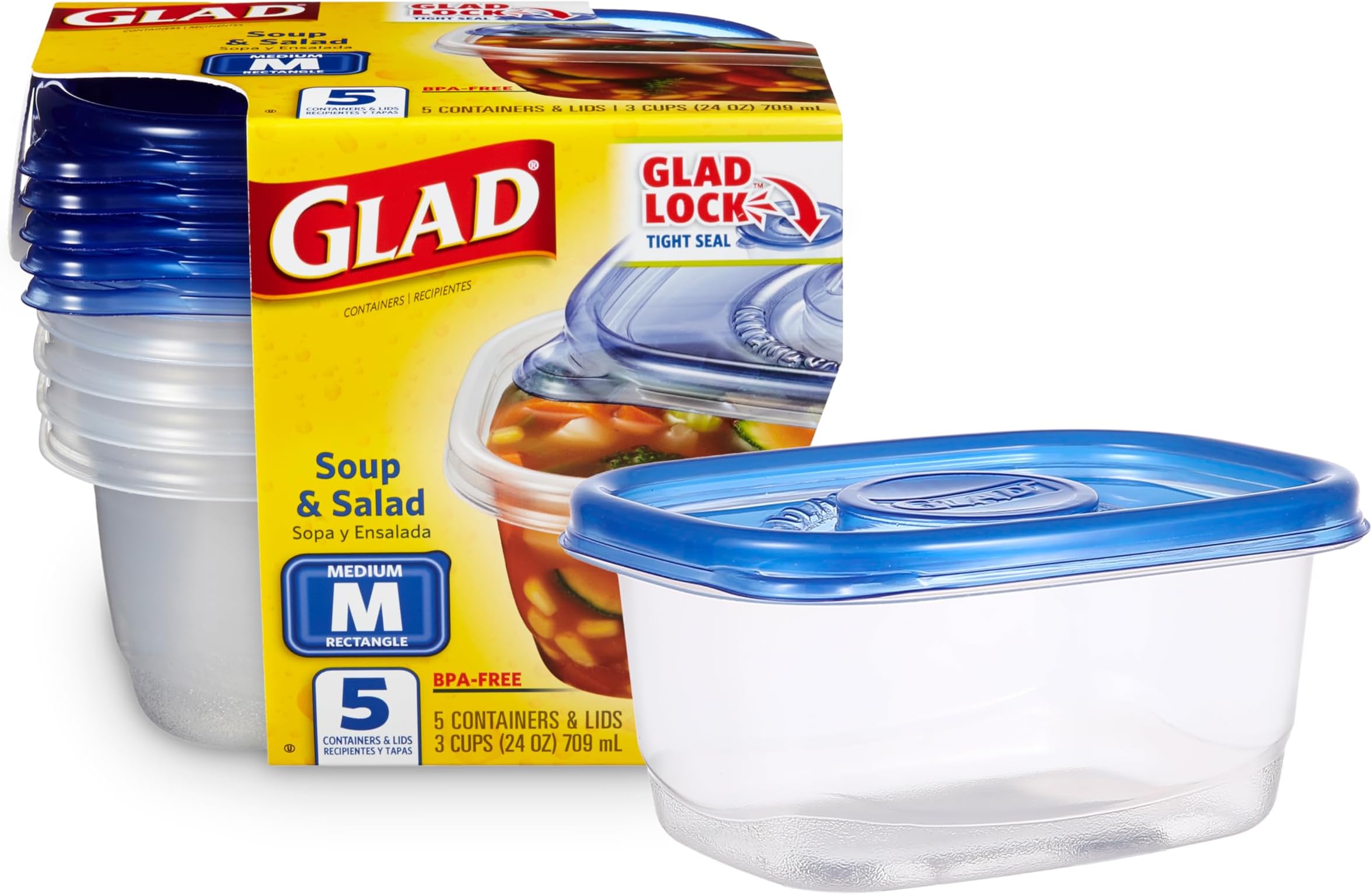 GladWare Medium Rectangle Food Storage Containers with Lids, BPA Free Plastic for Soups Salads and Meal Prep, Airtight Leak Resistant, Microwave Dishwasher Freezer Safe, 24 Oz, 5 Count