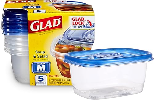 GladWare Sopa y Ensalada para Uso Diario, Almacenamiento Rectangular Mediano, Estándar, 24 Onzas, Juego de 5 Unidades