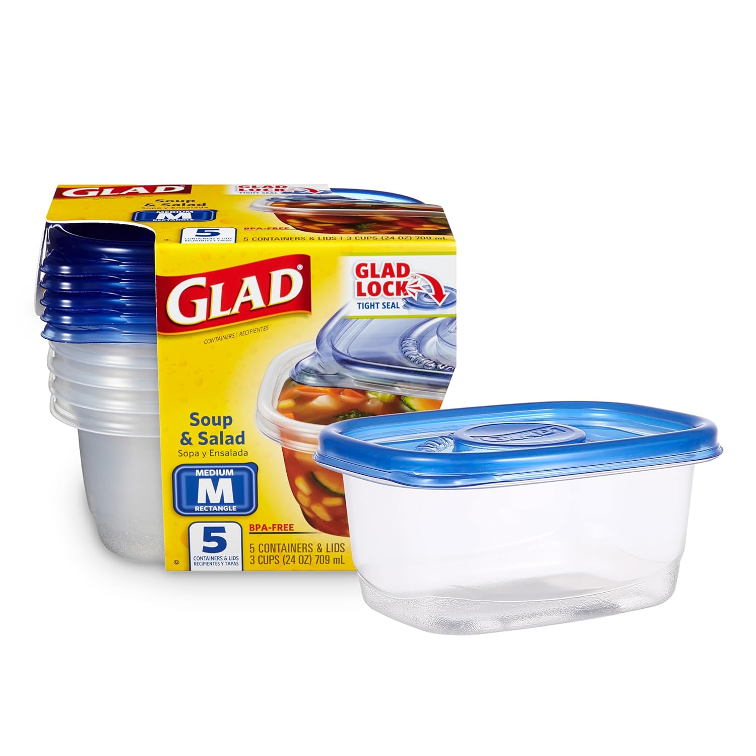 Glad GladWare Medium Rectangle Food Storage Containers with Lids Airtight Leak-Resistant Plastic Containers for Soup Salad Meal Prep