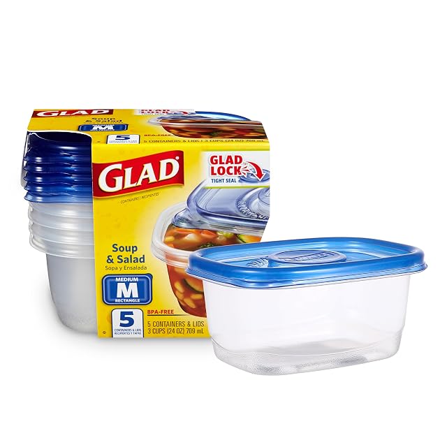 Glad GladWare Medium Rectangle Food Storage Containers with Lids Airtight Leak-Resistant Plastic Containers for Soup Salad Meal Prep