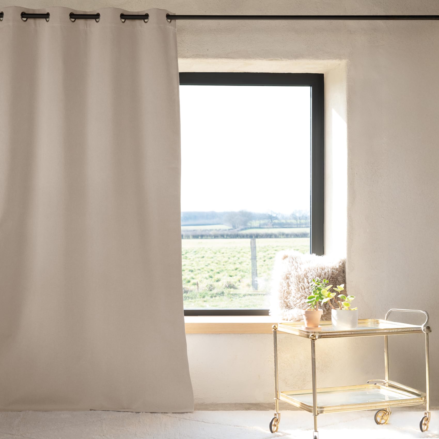 QABANE - Rideau 100% Occultant Thermique Phonique Chiné - Polyester - Isolation Acoustique et Thermique - pour Chambre, Bureau, Salon - 135 x 260 cm - Naturel