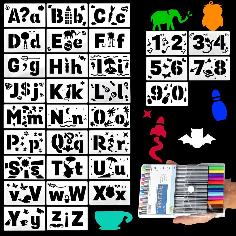 ステンシルシート 31枚セット ステンシル ステンシルプレート 描画テンプレート レタリングシート テンプレート 数字 模様 アルファベット 子供 学校 アルバム スクラップブッキング 塗り絵 絵描き道具 Diy手帳用 水彩ペン12本付き 10 5cm 18cm Faz Co Zm
