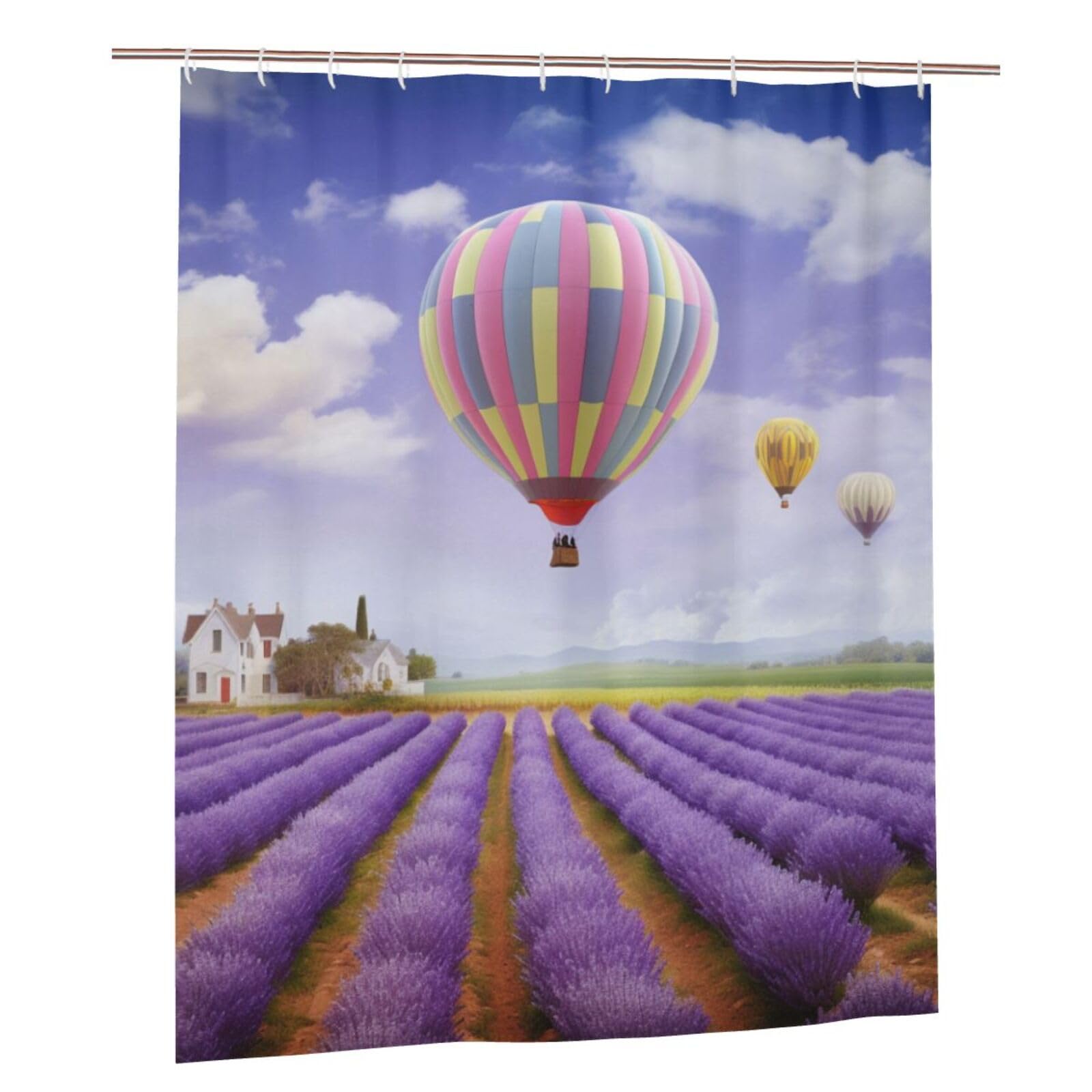 BWWHCCTI Lavender Hot Air Balloon Printed Shower Curtain With 12 Plastic Hooks Opaque Quick Drying Waterproof Shower Curtains Sets For Bathroom 152x183 Cm