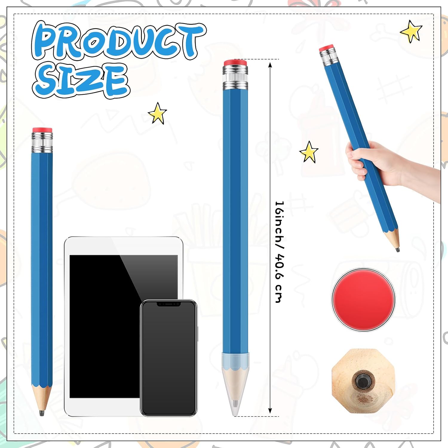 16 Inch Wooden Large Jumbo Pencils Giant Big Funny Wood Pencil with Cap and Eraser Fun Novelty Gifts for Kids School Kindergarten Home Office Prop Supplies(Blue) thumbnail