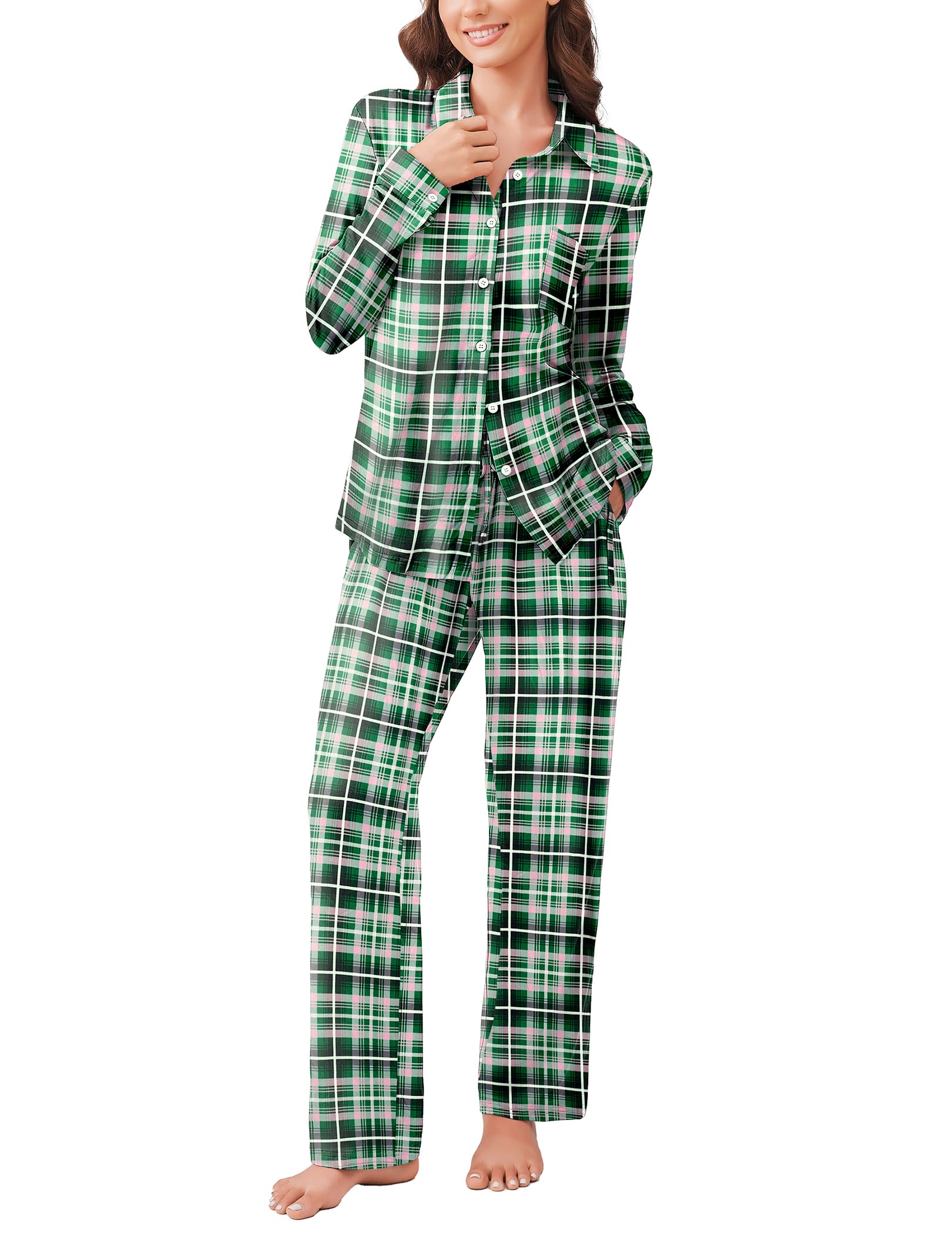 Ekouaer Womens Pajama Sets Button Down Pjs Sets Soft Long Sleeve Sleepwear Button Up Loungewear with Pockets S-XXL