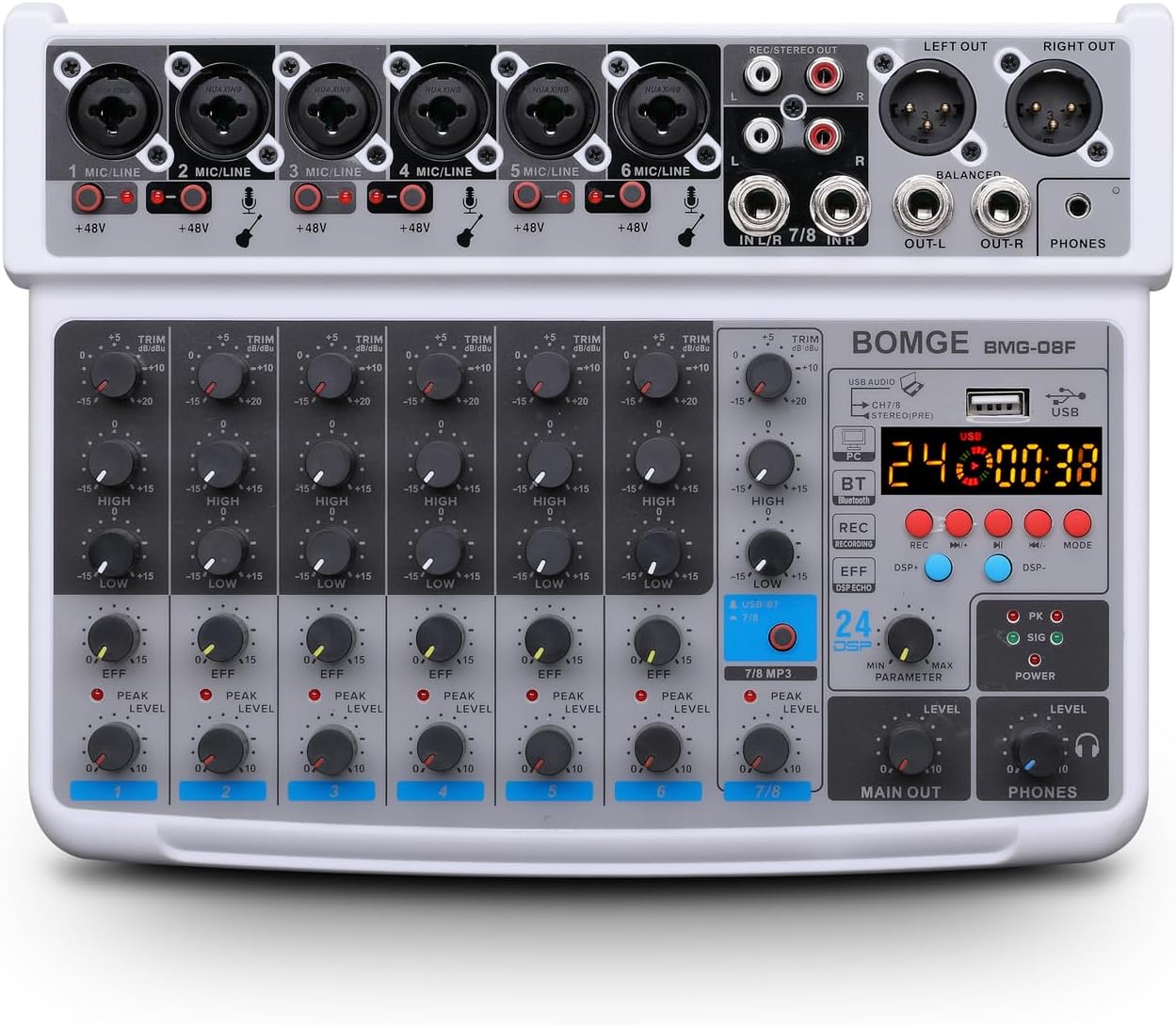 8 channel mini audio mixer Line Mixer ,DC 5V,with MP3 Player,Bluetooth, U disk 48V,24DSP effects, USB recording Ideal for Small Clubs or Bars, Studio Recording... (8 channels-WHITE)