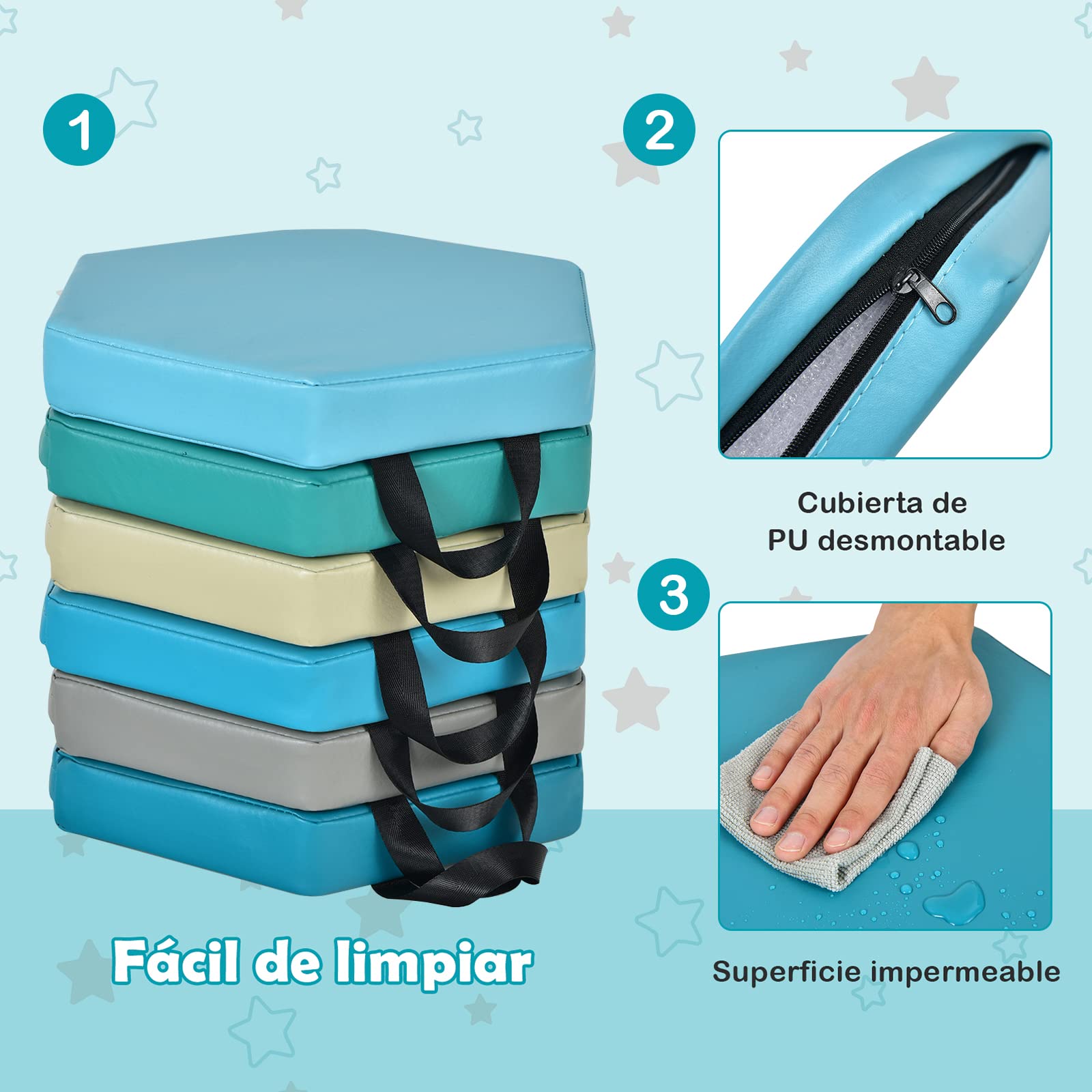COSTWAY 6 Cojines del Suelo Hexagonales para Niños, Cojines Blandos para Niños, Mullido en Espuma de 5 cm, Asientos Portátiles y Flexibles para Guardería Jardín de Infancia Clase, 38 x 34 cm (Morandi)