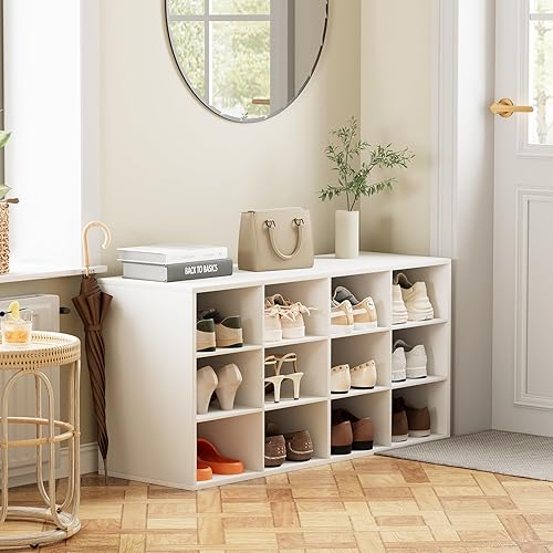 Miniatura 6 de Zapatero de 12 compartimientos, organizador de zapatos de madera de 3 niveles, banco organizador de zapatos multifuncional para entrada, vestíbulo,