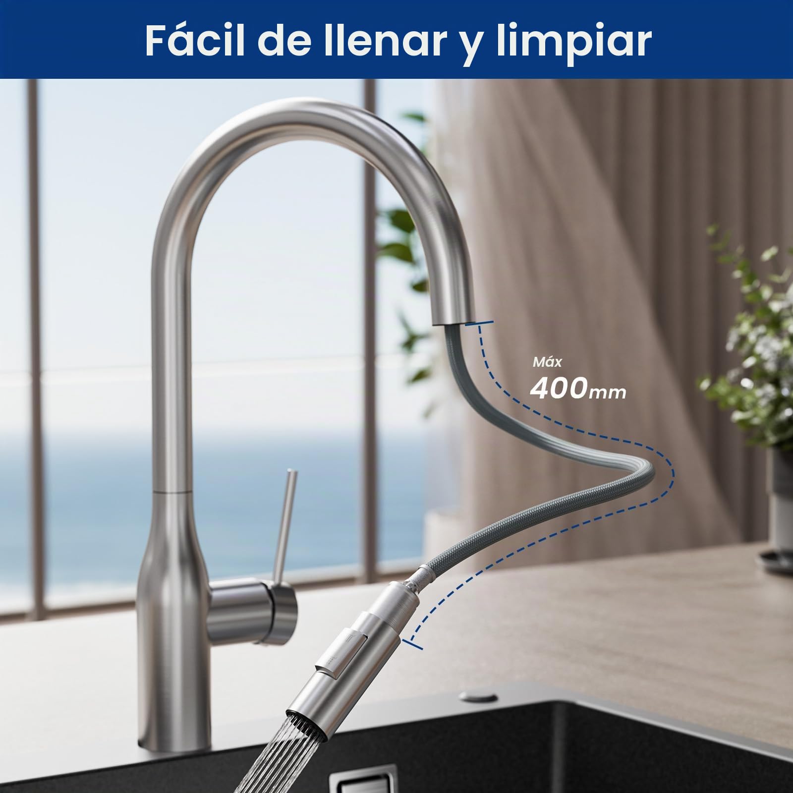 CECIPA - Grifo de cocina, caliente y frío de acero inoxidable, mezclador de cocina, ducha, 2 modos, pulverizador escamotable, cepillado | Grifo de cocina fregadero Giratorio a 360° Torneira Cozinha Monomando cepillado