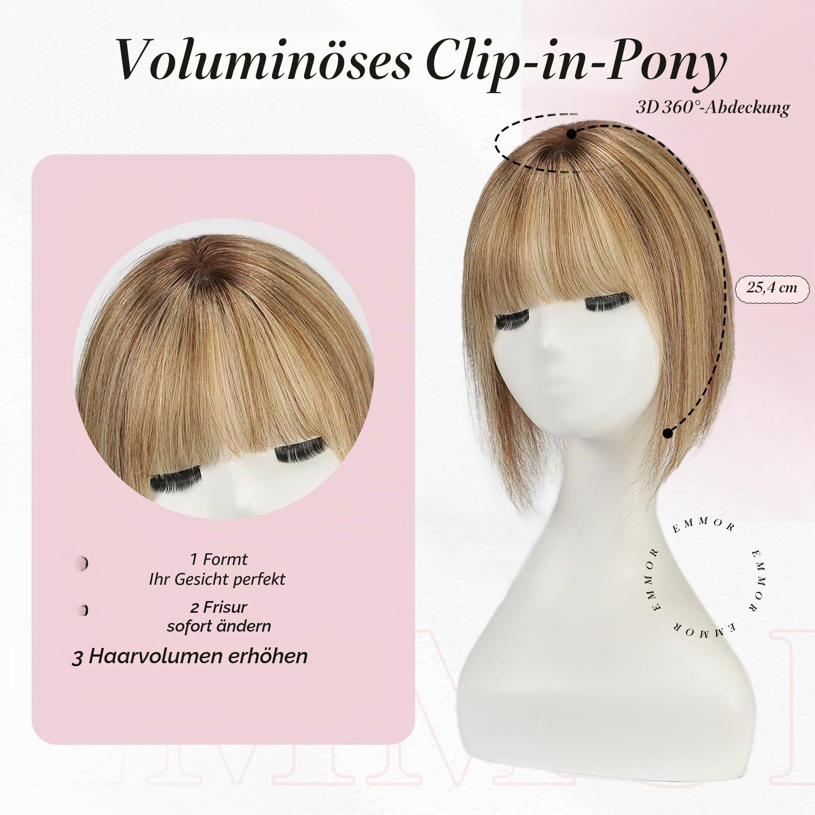 EMMOR 10 Zoll Echthaar Haarteil für Frauen – Verbesserte Schweizer Spitzenbasis mit 3 rutschfesten Clips, 4,5" x 3" Clip-in Pony für dünner werdendes Haar(Ombre Braun mit blonden Strähnen)