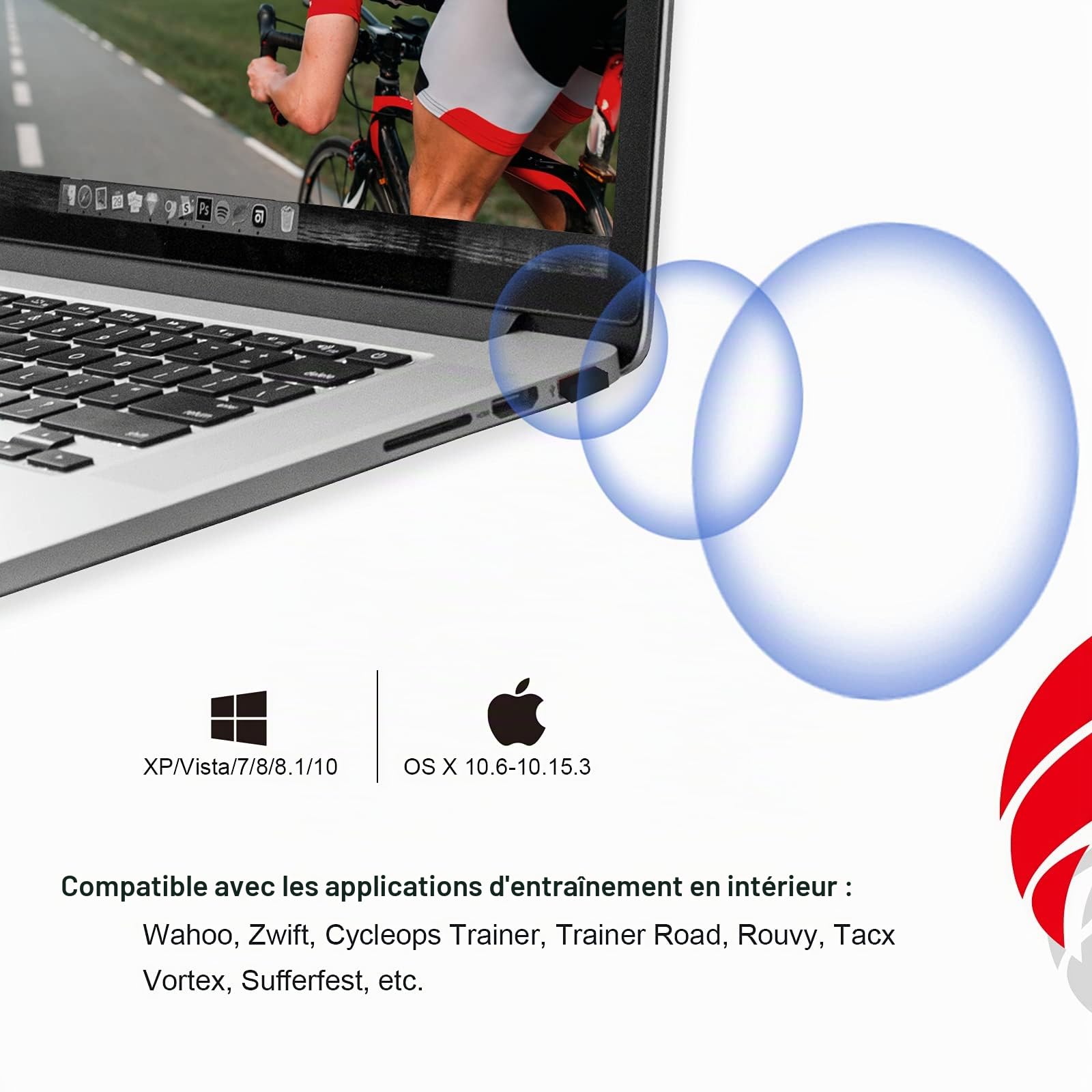 FITCENT Ant+ Dongle pour Zwift Garmin Forerunner Sunnto PerfPRO Studio Rouvy BKOOL TacX Peloton CycleOps TrainerRoad Ant+ Clé USB pour entraîneurs de vélo